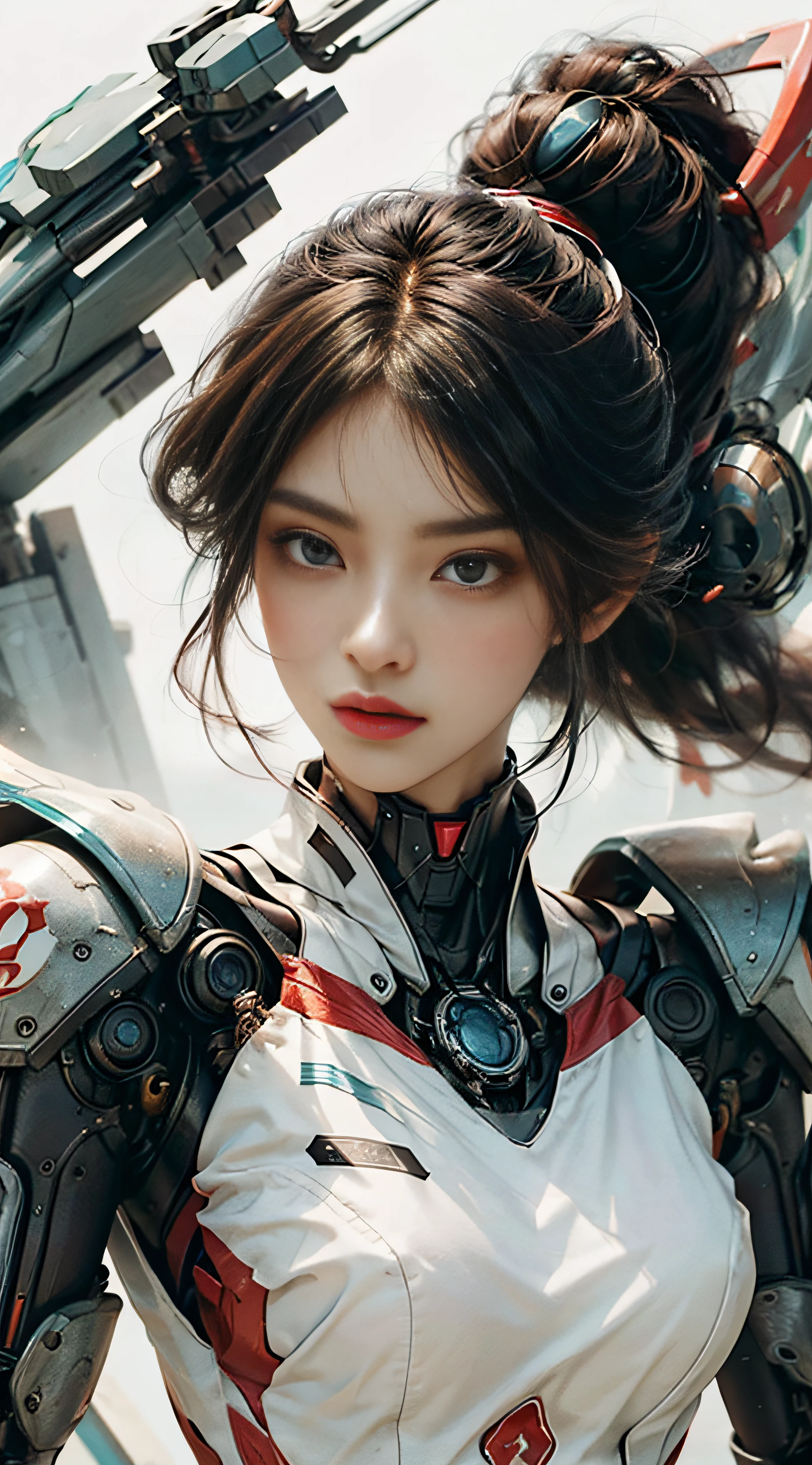 (Realisticity: 1.4), the best illustration, favoring details, close-up, a mecha girl with a delicate and beautiful face, ((red and white semi-mechanical body: 1.8)), white skin,