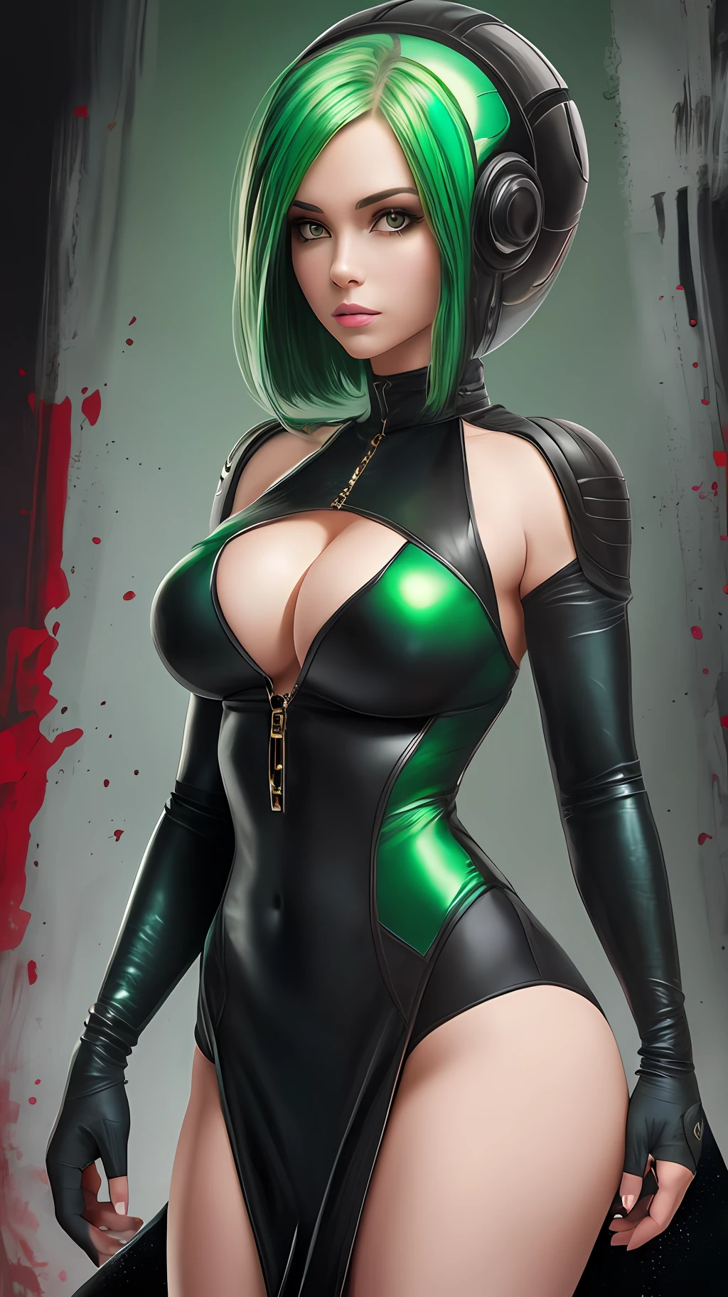 guapa alien con pelo de color verde. (big tits:1.2). vestida con vestido ajustado y corto metalico de color ((rojo oscuro)). pintura digital. ultra detallado.8k.fotorealista --auto --s2