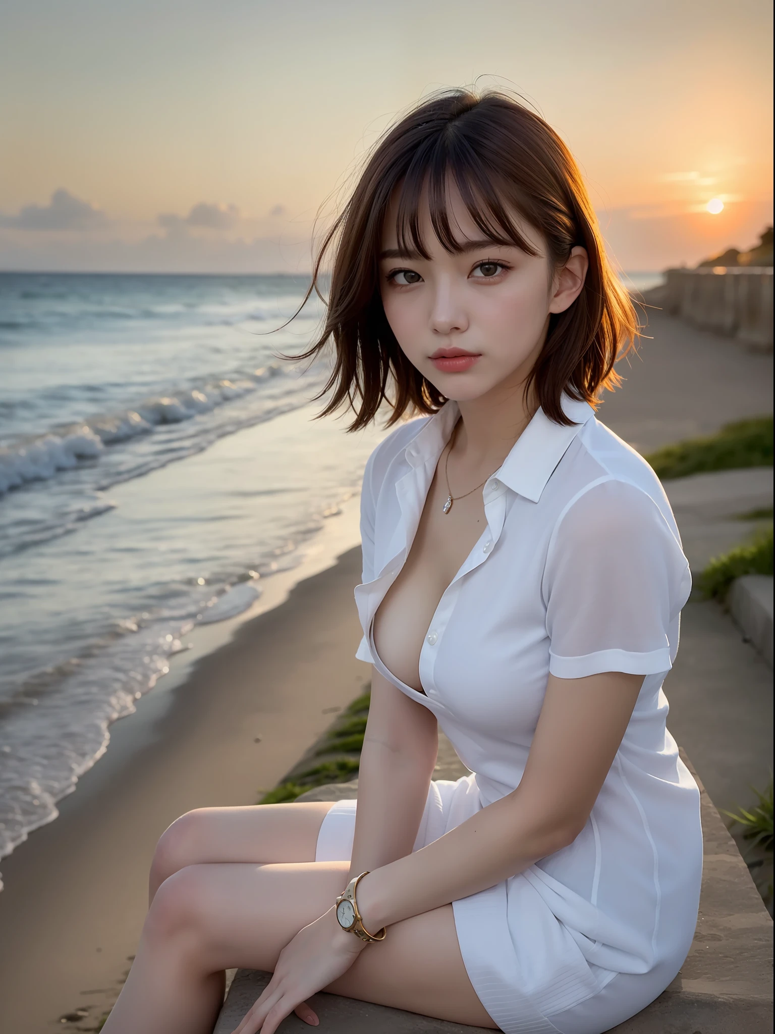 ((top quality, 8k, masterpiece: 1.3, raw photo)), Sharp Focus: 1.2, (1 aespa girl: 1.2), (Realistic, Photorealistic: 1.37), (face focus: 1.1), cute face, tenderness, small breasts, flat chest, short messy hair, white shirt, beautiful woman sitting by the seaside at sunset, sunlight, movie lighting