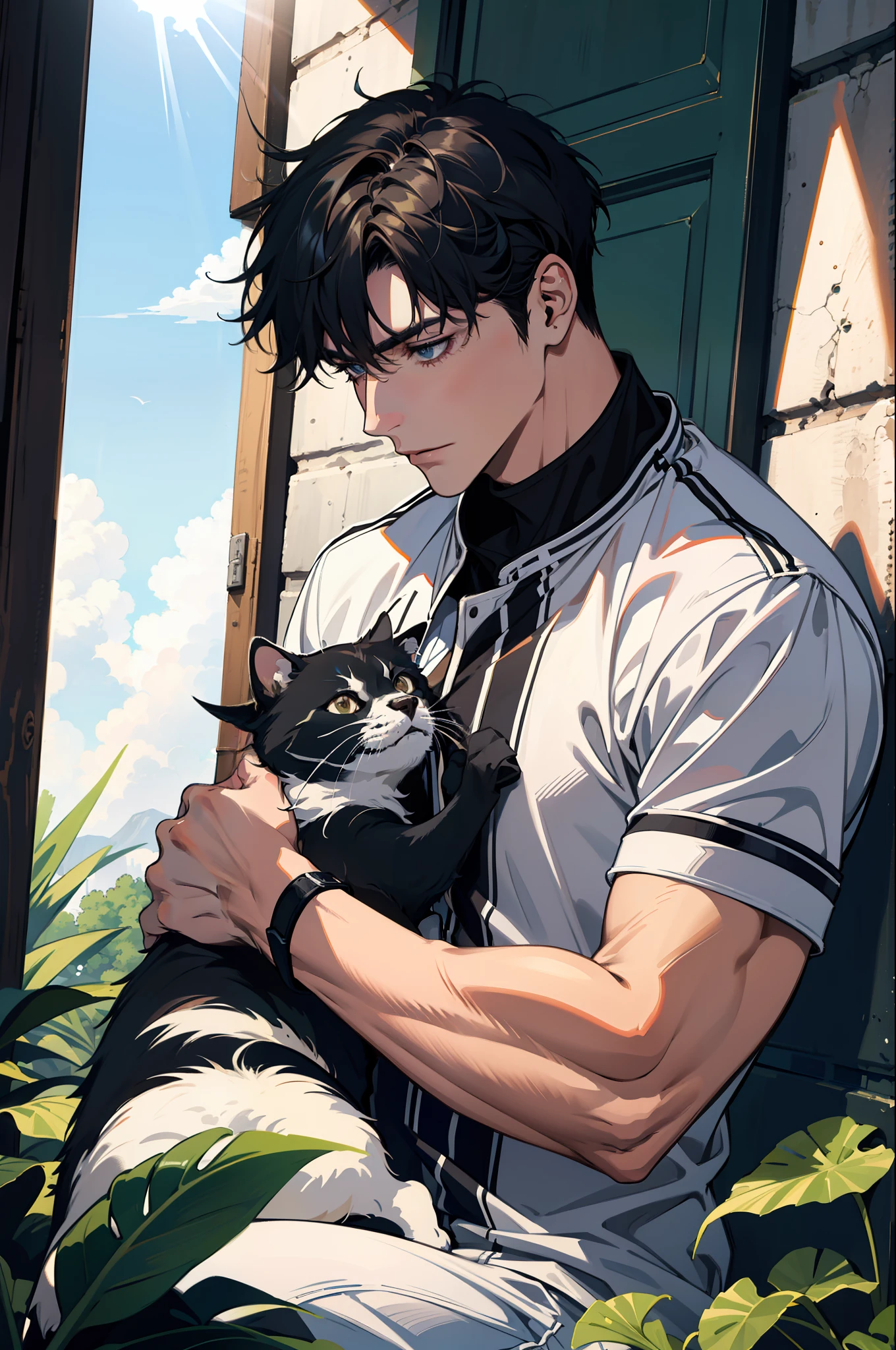 (absurdres, high-resolution, overdetalization), 1 male, beutiful, tall muscular guy, very short hair, The best ratio of four fingers to one thumb, Better light and shadow, Background - Lane, Detailed sunlight, Sit, Puppies gathered next to him, Spotted sunlight, daytime, dof, Plants, summer, (dutch angle), closed mouth