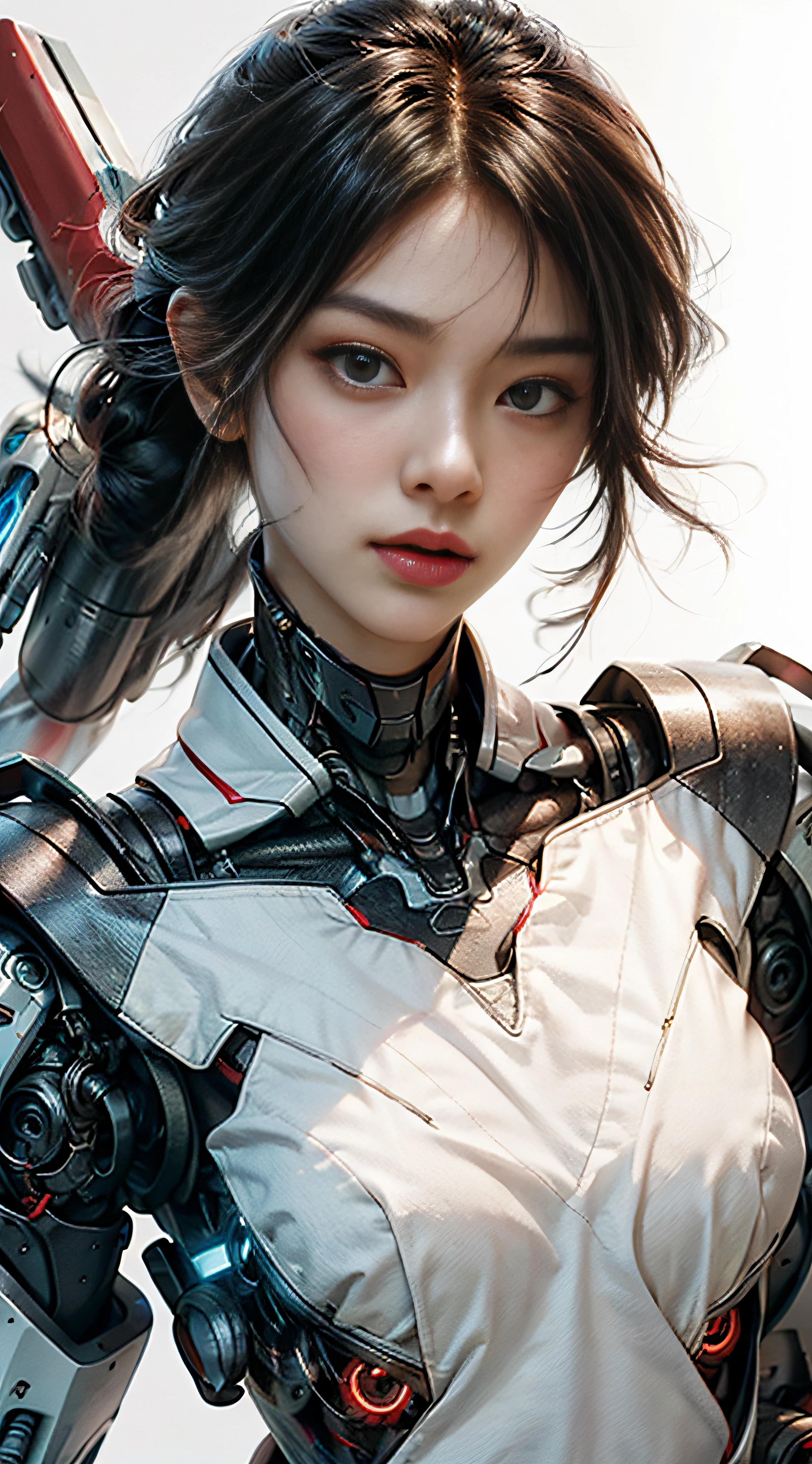 (Realisticity: 1.4), the best illustration, favor details, close-up, a mecha girl with a delicate and beautiful face, ((red and white cyborg body: 1.8)), (mid-chest: 1.2) white skin,