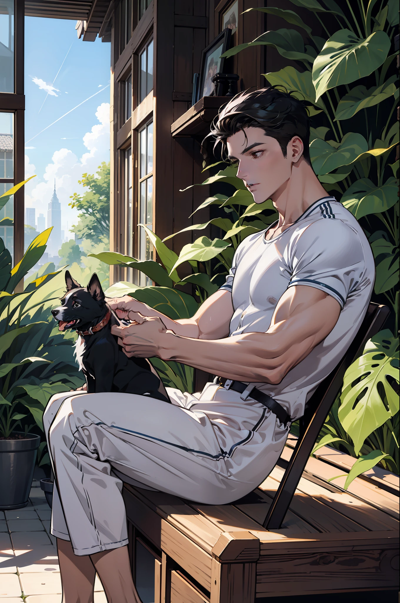 (absurdres, high-resolution, overdetalization), 1 male, beutiful, tall muscular guy, very short hair, The best ratio of four fingers to one thumb, Better light and shadow, Background - Lane, Detailed sunlight, Sit, Puppies gathered next to him, Spotted sunlight, daytime, dof, Plants, summer, (dutch angle), closed mouth