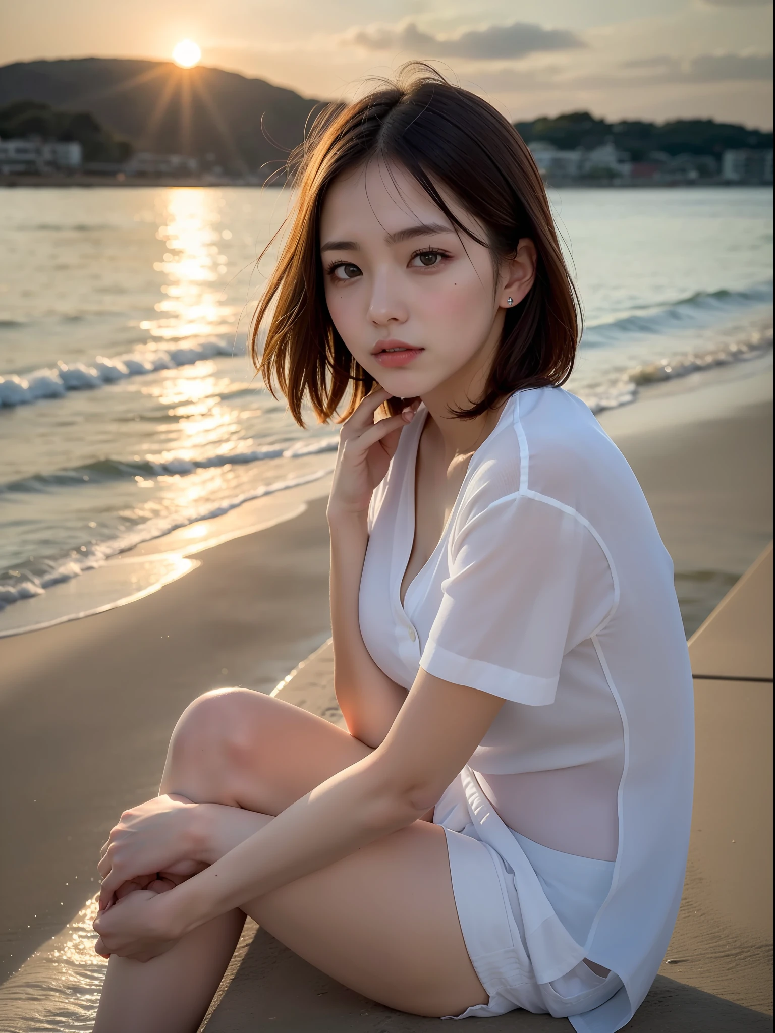 ((top quality, 8k, masterpiece: 1.3, raw photo)), Sharp Focus: 1.2, (1 aespa girl: 1.2), (Realistic, Photorealistic: 1.37), (face focus: 1.1), cute face, tenderness, small breasts, flat chest, short messy hair, white shirt, beautiful woman sitting by the seaside at sunset, sunlight, movie lighting