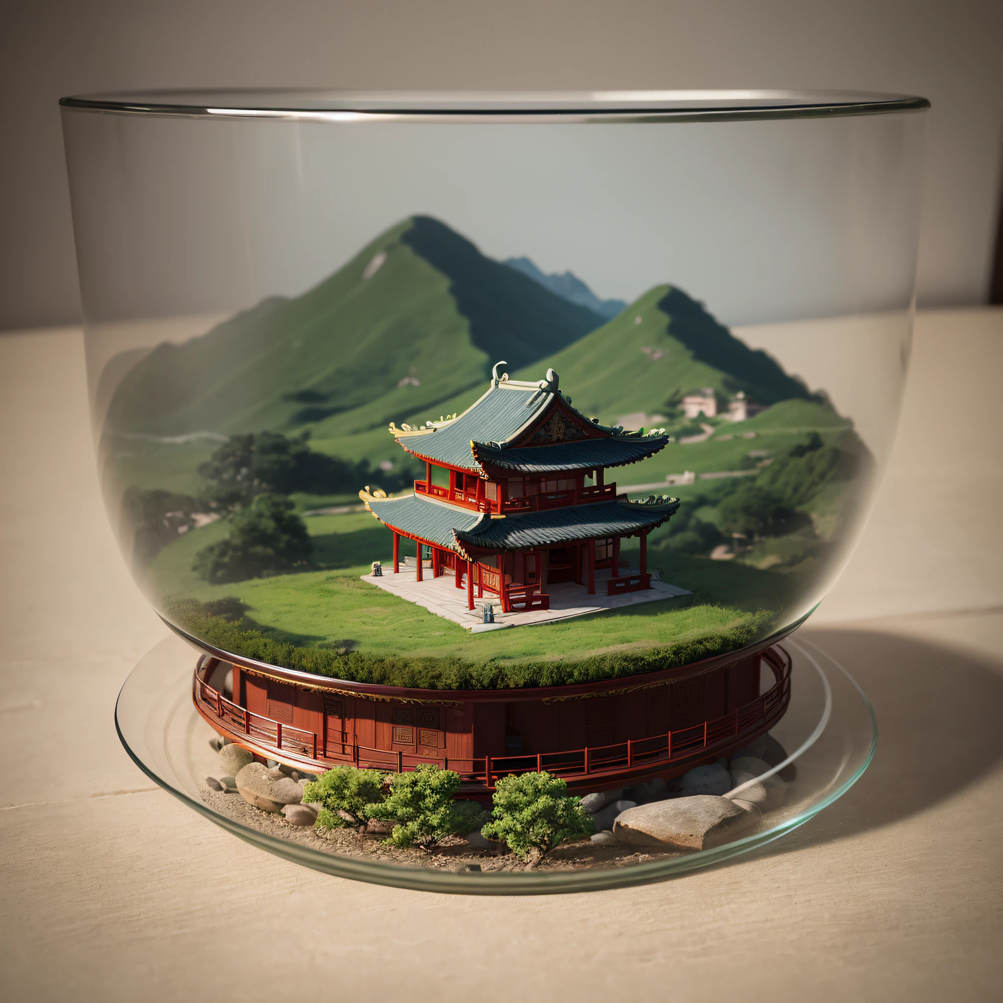 mini sence\(TTP\), (8K, OriginalPhotographs, Best quality, masterpiece:1.2), (Realistic:1.37),(chinese temple), Miniature, landscape,  (isometric), glass tank, in bowl, (8K, Best quality, masterpiece:1.2), (Realistic, photo-realistic:1.37), Ultra-detailed,