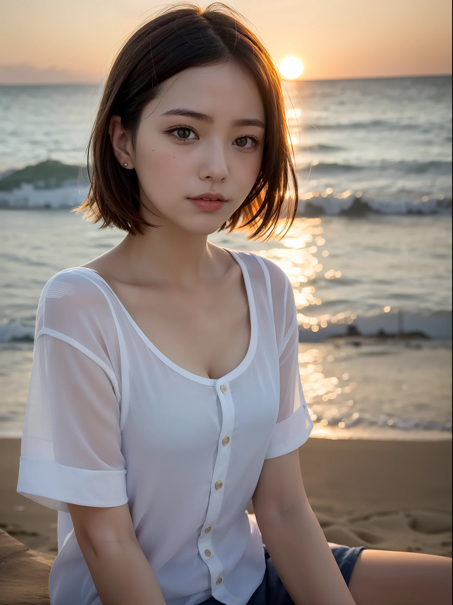 ((top quality, 8k, masterpiece: 1.3, raw photo)), Sharp Focus: 1.2, (1 aespa girl: 1.2), (Realistic, Photorealistic: 1.37), (face focus: 1.1), cute face, tenderness, small breasts, flat chest, short messy hair, white shirt, beautiful woman sitting by the seaside at sunset, sunlight, movie lighting