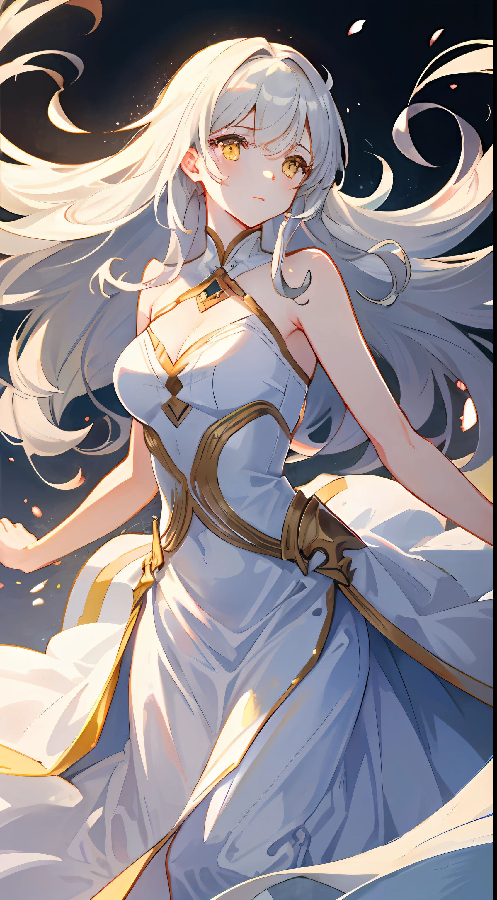 an extremely delicate and beautiful CG illustration, best quality, high resolution, dynamic angle, full-length shot, (1girl), yellow eyes and straight long white hair, floating, soft light, high-key lighting)