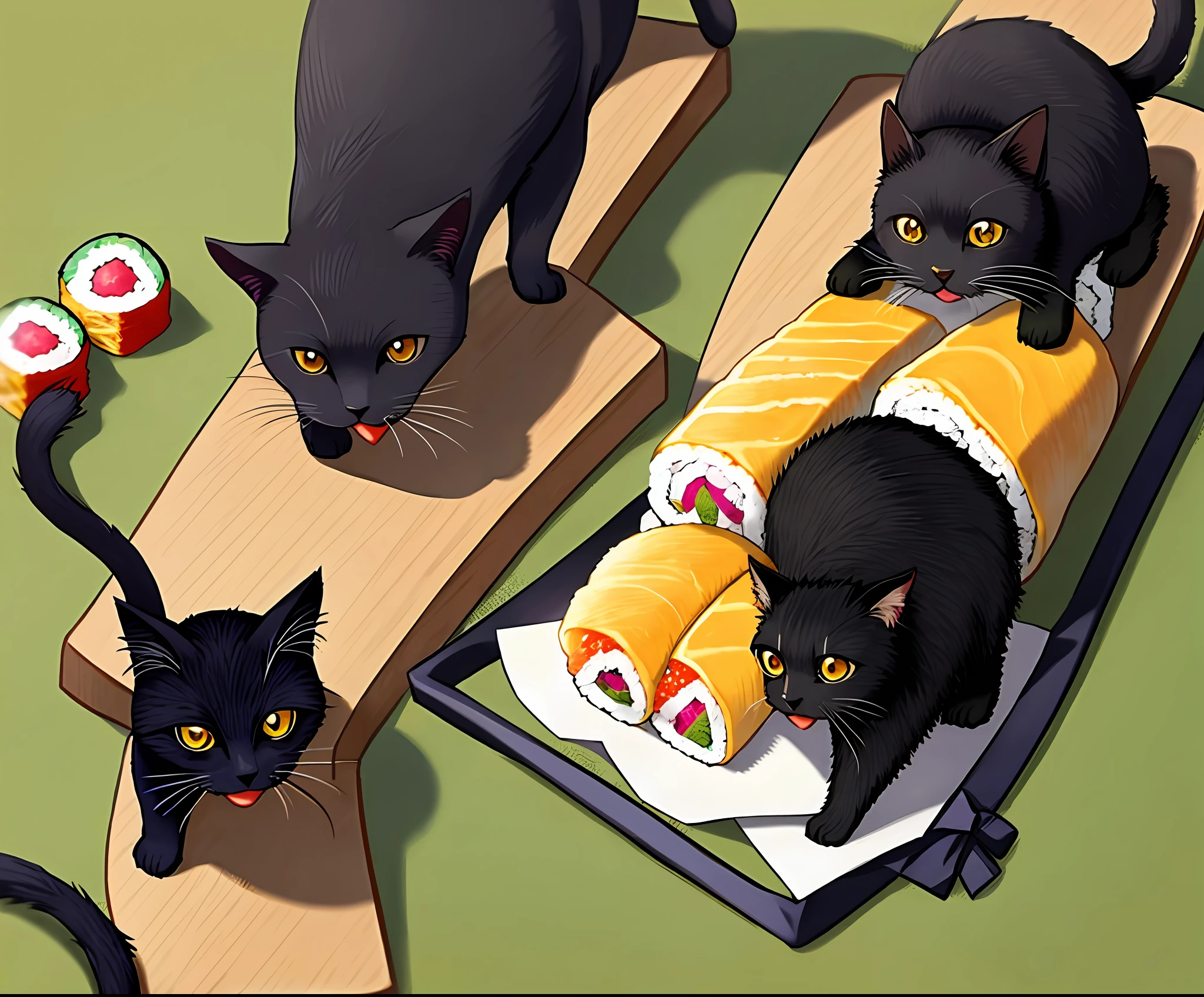 Sushi rolls、Single-winding、Yuru Chara、A black cat is eating sushi rolls