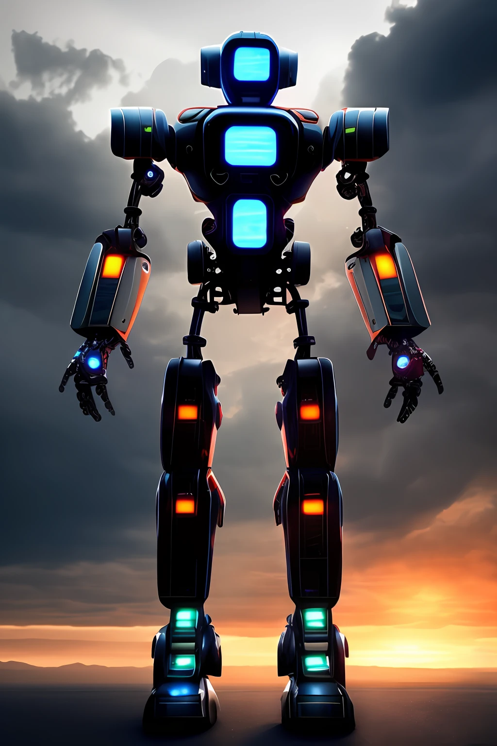Full body robot|Full body photo|symetrical|steam punk|The cyberpunk|Robots|intricated|Scale|Hyper-realistic|Cinematic Lights|digitalart|OC rendering/concept arts| MDJRNY-V4 style
