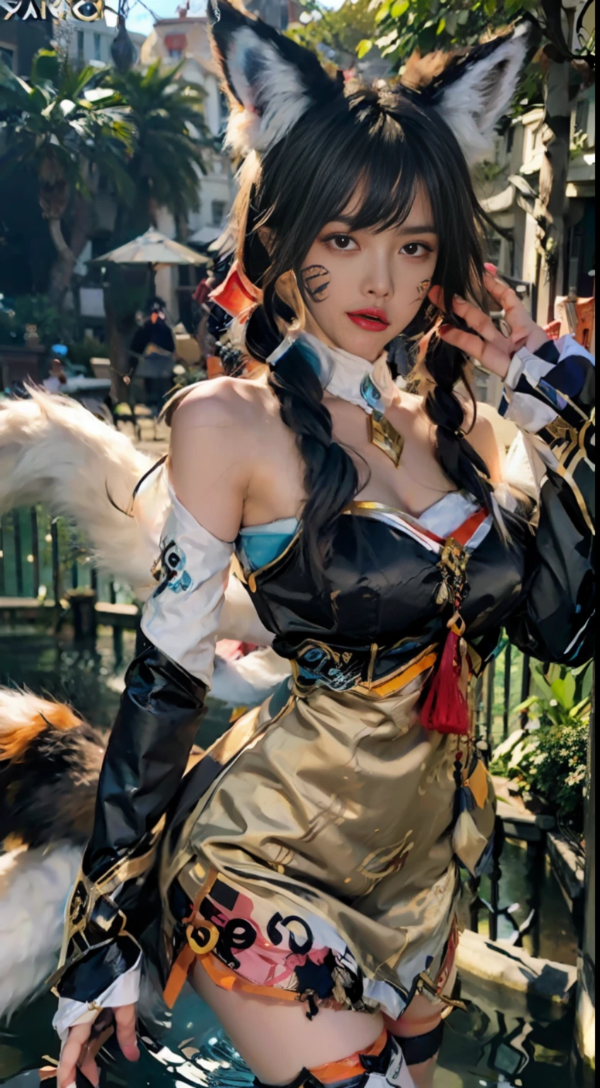 1 girl, Fox, Fox \ (League of Legends), K/of \ (League of Legends), animal ears, Face Markers, fox ears, Fox Tail, Orange Eyes, Multiple Tails, tail, Water Protection