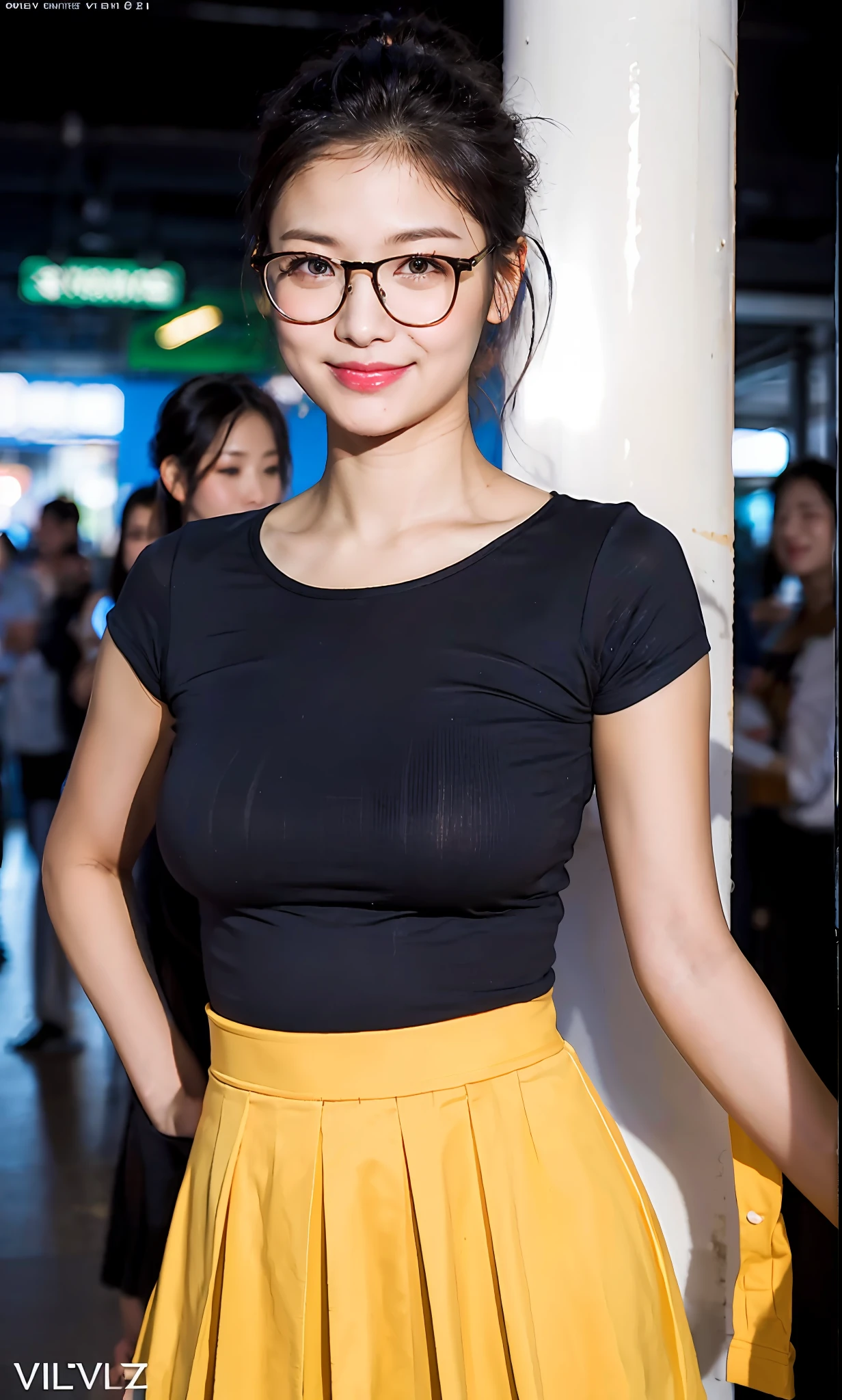 Ulzzang-6500-v1.1,(OriginalPhotographs:1.2), (Photorealistic:1.4), beautiful detailedgirl, beautifull eyes,best qulity,The Masterpiece,Tight T-shirt,8k wallpapers,cinematic lighting, (half-body),blackstockings,Station,busty lady, bigger breasts,short miko skirt,Pleated skirt,bespectacled,updo hair,Smile with,Cutes