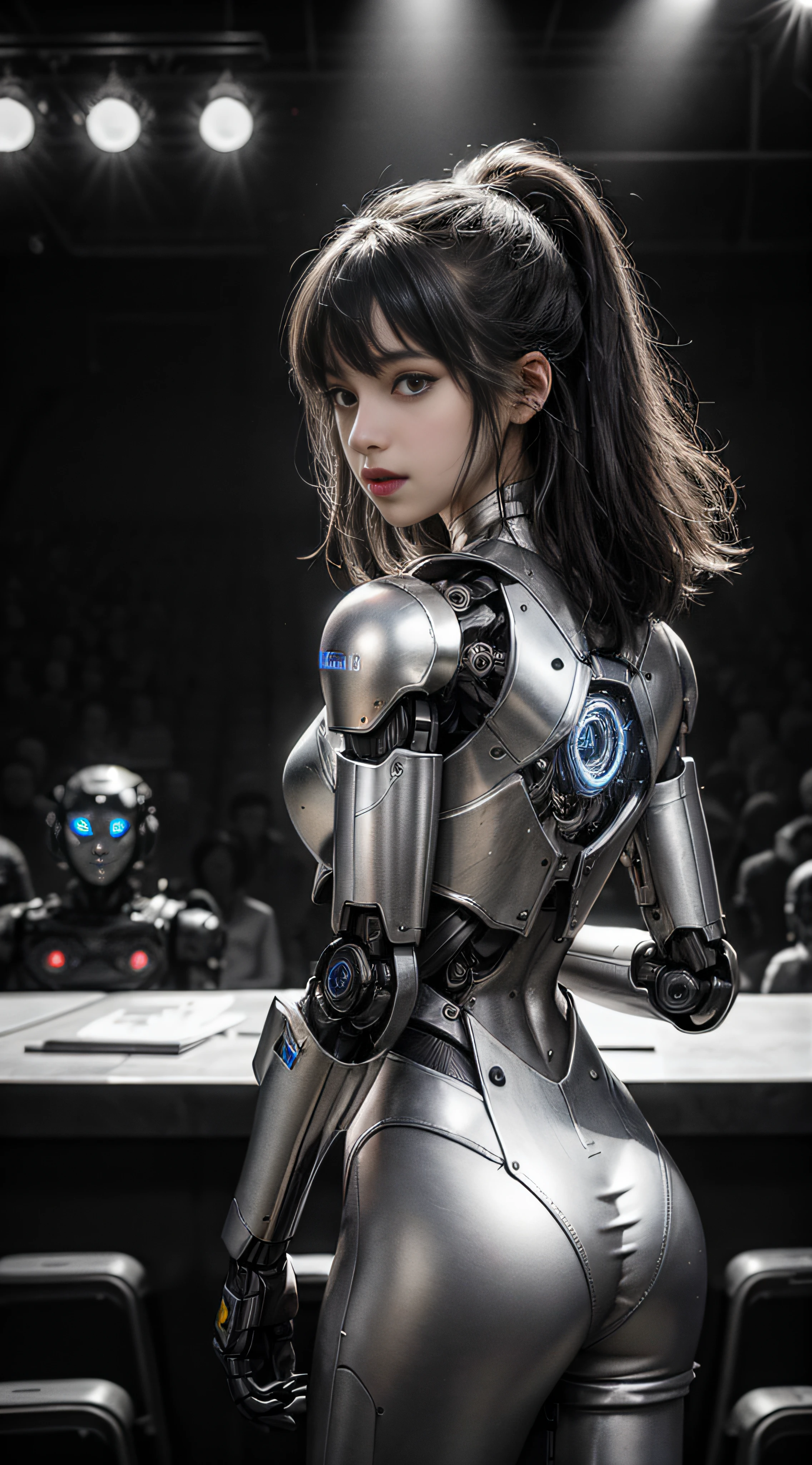 monotonous metallic, metal without color, robot without color, robot girl, metal mixture, cyborg girl), looking at the audience, facing ahead,