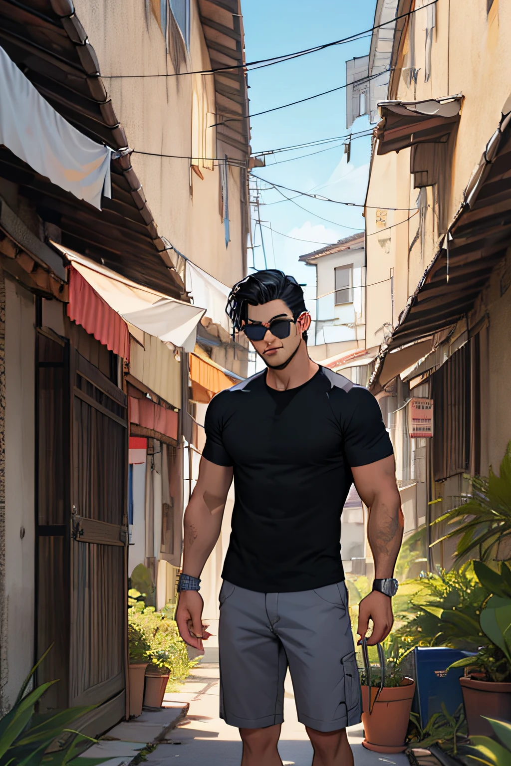 lifelike,(The Masterpiece,Top quality,best qulity,officlal art),greatly detailed,Colorful,Most detailed,god,shorter hair,black color hair,Handsome man,gargantilha,short sleeve,outskirts,sunglasses