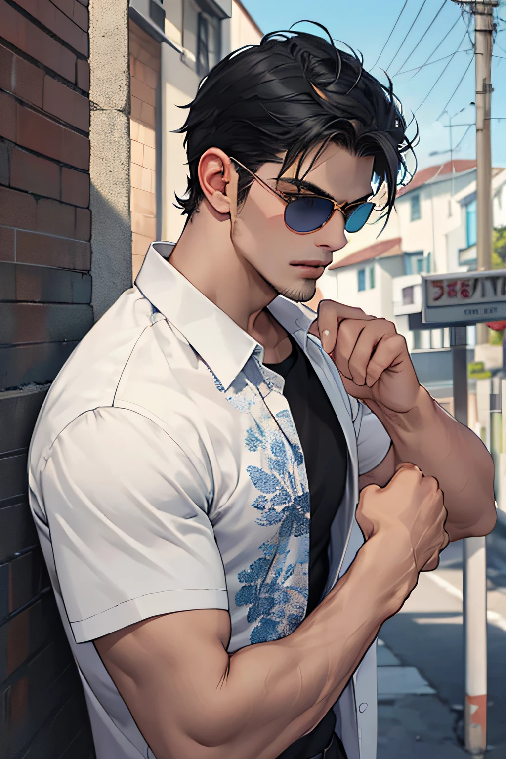 lifelike,(The Masterpiece,Top quality,best qulity,officlal art),greatly detailed,Colorful,Most detailed,god,shorter hair,black color hair,Handsome man,gargantilha,short sleeve,outskirts,sunglasses