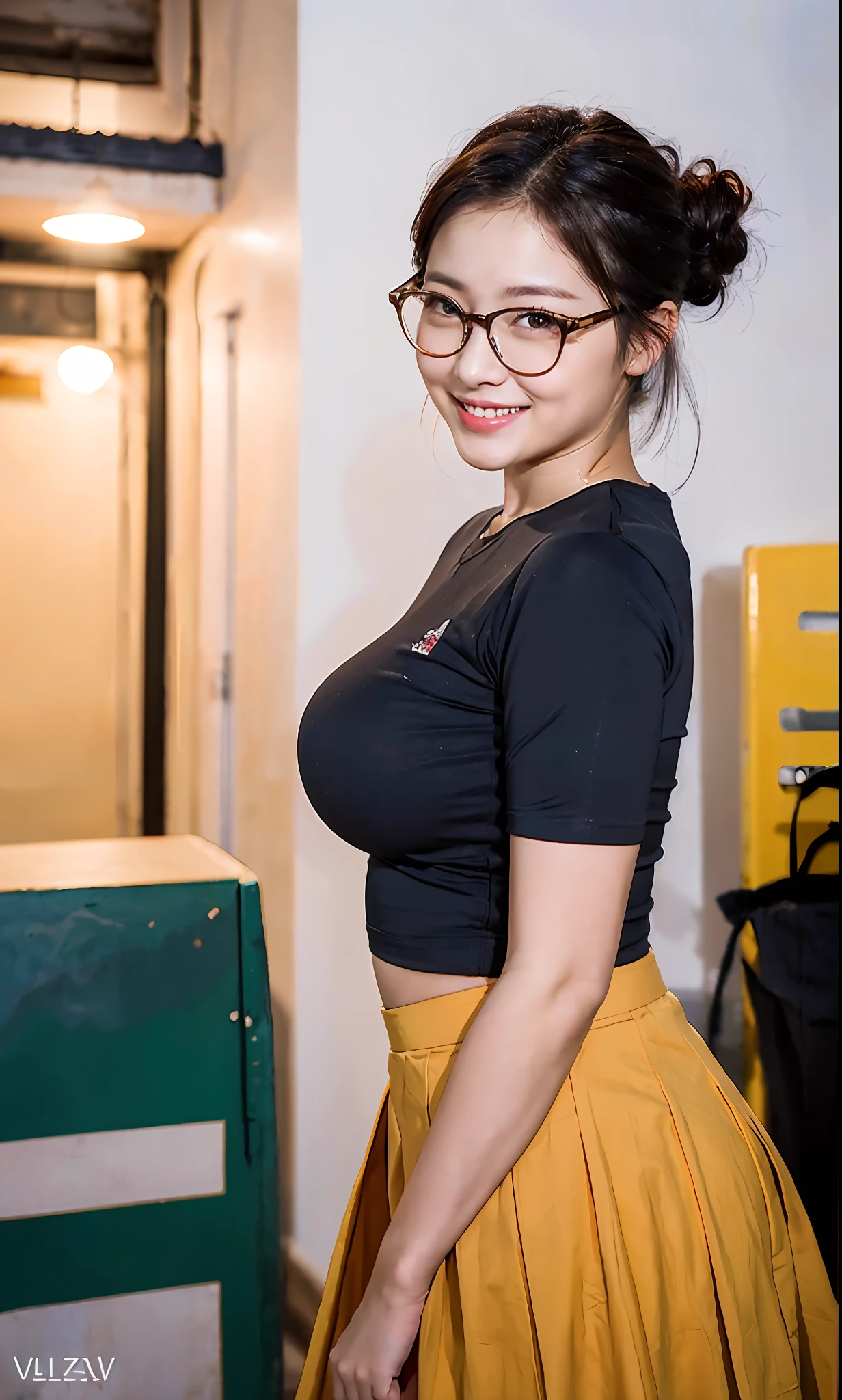 Ulzzang-6500-v1.1,(OriginalPhotographs:1.2), (Photorealistic:1.4), beautiful detailedgirl, beautifull eyes，best qulity，The Masterpiece，Tight T-shirt，8k wallpapers，cinematic lighting, (half-body)，blackstockings，Station，busty lady, bigger breasts，short  miko skirt，Pleated skirt，bespectacled，updo hair，Smile with，Cutes