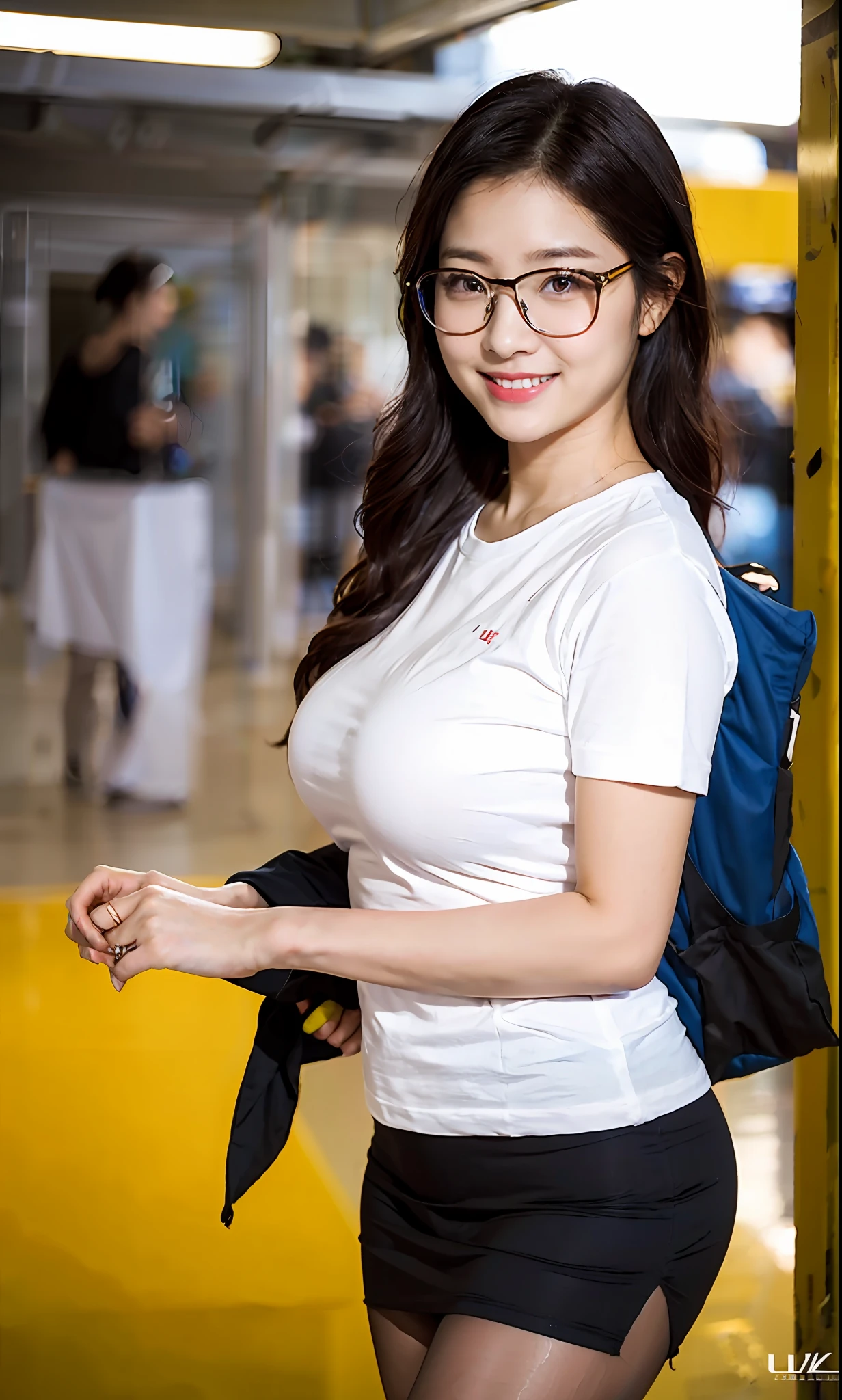 Ulzzang-6500-v1.1,(OriginalPhotographs:1.2), (Photorealistic:1.4), beautiful detailedgirl, beautifull eyes，best qulity，The Masterpiece，Tight T-shirt，8k wallpapers，cinematic lighting, (half-body)，blackstockings，Station，busty lady, bigger breasts，short  miko skirt，Pleated skirt，bespectacled，updo hair，Smile with，Cutes