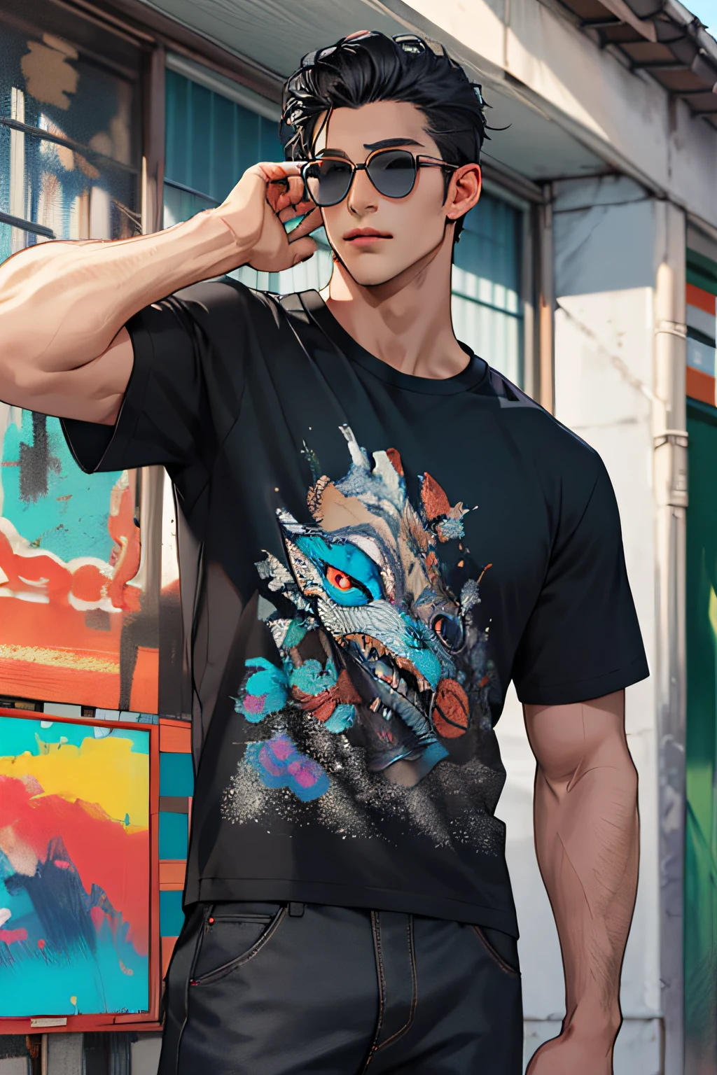 lifelike，（The Masterpiece，Top quality，best qulity，officlal art），greatly detailed，Colorful，Most detailed，god，shorter hair，black color hair，Handsome man，gargantilha，short sleeve，outskirts，sunglasses
