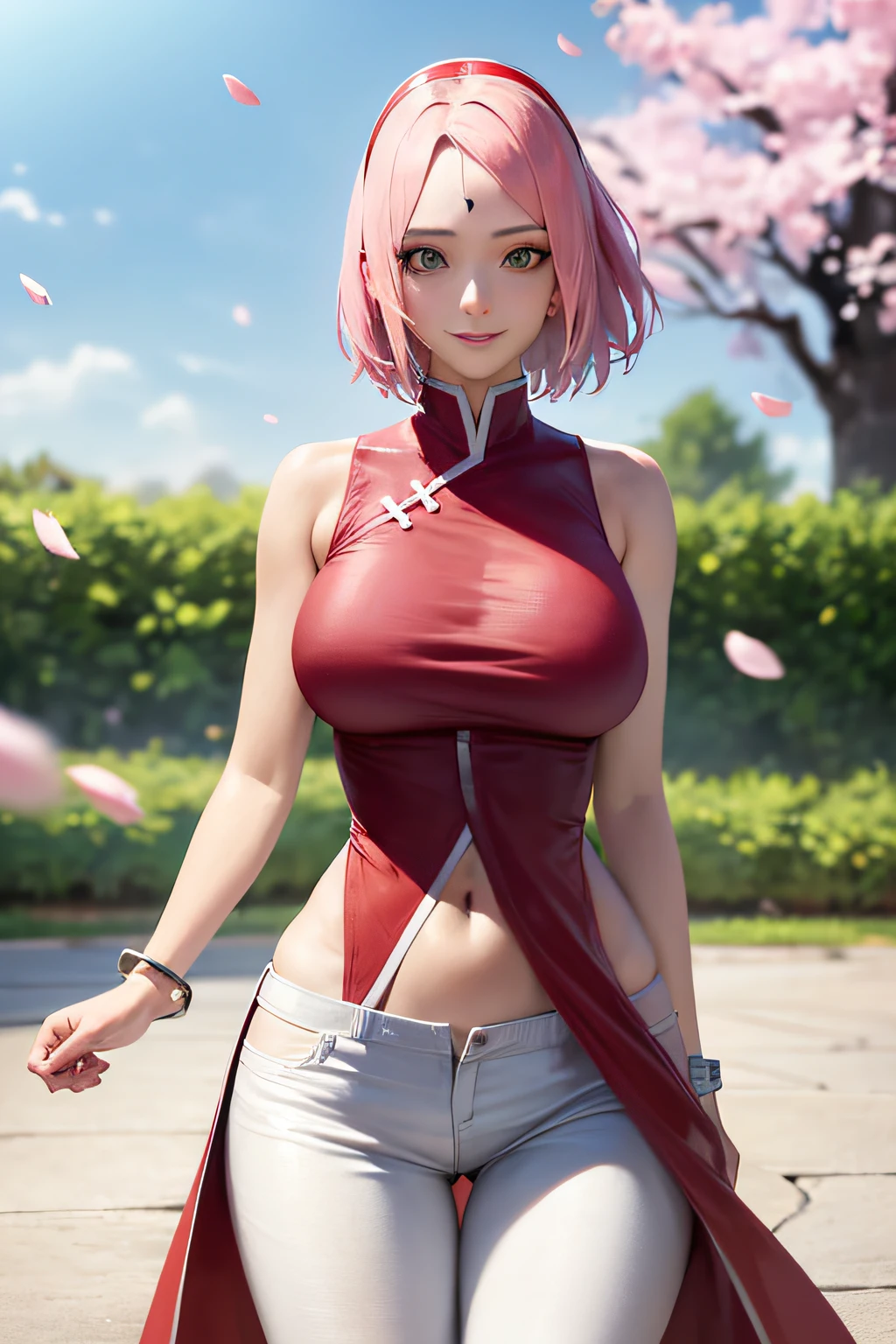 Realistic, Photorealistic,cowboy shot,masterpiece, absurdres ,1girl, haruno sakura, forehead mark, red hairband, red sleeveless dress, white pants, navel, groin, bracelet, looking at viewer, smile, cherry blossoms, private garden, wind, floating hair, large breast ,(((wide hips))), toned body, detailed eyes,