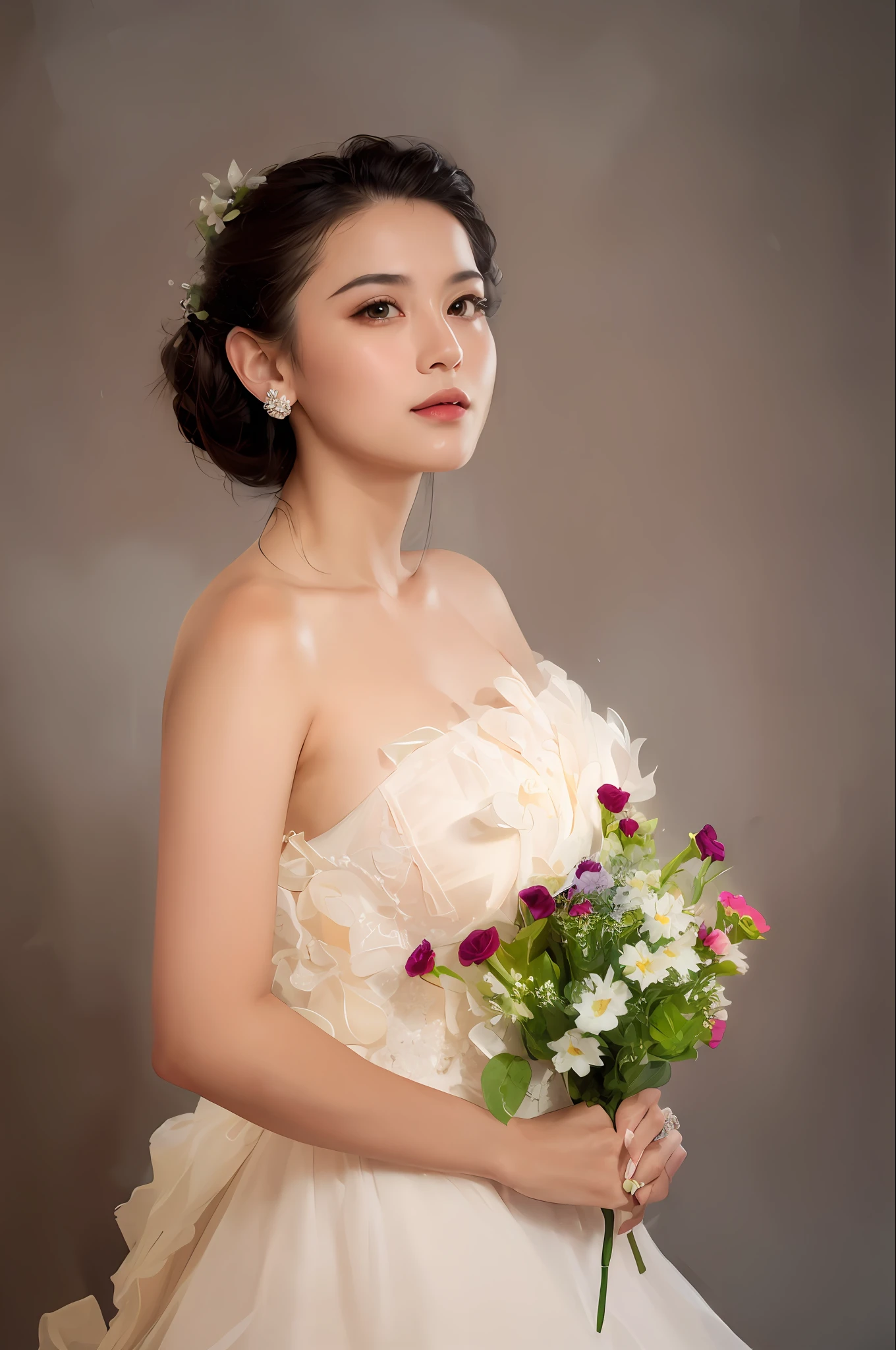 a young beautiful woman in a wedding dress holding a bouquet of flowers, studio photography portrait, modeling photography, studio portrait photography, photography portrait, color studio portrait, studio photographic portrait, fashion model photography, elegant portrait, profile photography, fashion photograhy, classic portrait, beautiful portrait photo, photoshoot portrait, wearing organza gown, mid shot portrait, medium portrait soft light, perfect posture, mix4,(64k, RAW photo, best quality, masterpiece:1.2), (realistic, photo-realistic:1.37),1girl,cute,cityscape, night, rain, wet, professional lighting, photon mapping, radiosity, physically-based rendering,, gradient black colour hair, black hair, short curly hair, girl, white ball suit, top quality picture, high resolution, 1080p, (clear face), (detailed facial description), (detailed hand description), (masterpiece), (exquisite CG), extreme light and shadow, messy hair, master's work, rich details, (fine facial features), (highest quality picture), (masterpiece), (detailed eyes),Look ahead with your eyes,Fine collarbone,(huge breast), (squatting pose), (highest hyper realistic:1.3), (highest illustration), (highest resolution), (extremely ultra highest detailed), (best illustration), (beautiful detailed eyes), (ultra highest detailed), (highest masterpiece), (wallpaper), (ultra highest detailed face), (tight abs), (realism photohyperrealistic) , (blushing whitened skin), (Best Quality), (((1 girl))), (hyperrealistic, photo-hyper-realistic:1.37), (ultra-detailed), (cute), (solo), (smile:1.15), (closed mouth) , (beautiful detailed eyes), (((whitened skin))), (skin white), (bright skin), (pretty skin), (fresh skin), (realism photohyperrealistic), (Best Quality), (( big Chest: 1.2)), (bikini: 1.1), (Highly Detailed Face and Skin Texture), (Fine Eyes), (very realistic), (portrait of 20 years old), (perfect beautiful) (face detailed), (cute face), (beautiful eyes), (perfect eyes detailed), (perfect anatomy), (very