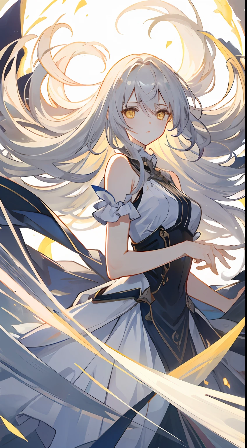 an extremely delicate and beautiful CG illustration, best quality, high resolution, dynamic angle, full-length shot, (1girl), yellow eyes and straight long white hair, floating, soft light, high-key lighting)