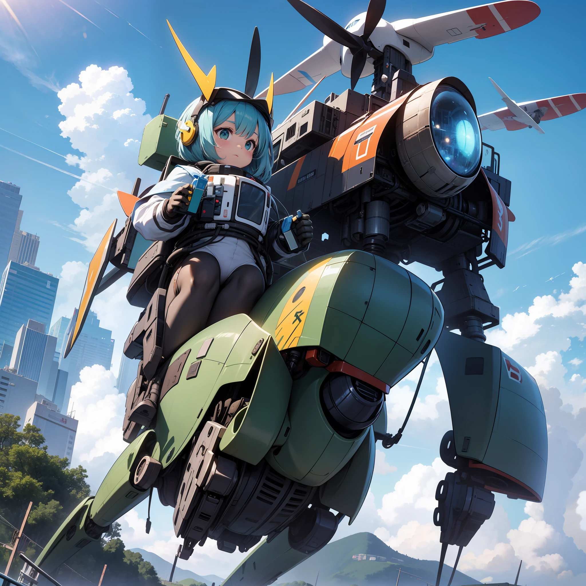 6A mecha walking on its feet and an infant riding on its back to indicate the direction of travel、A few clouds in the blue sky、autopilot、Sunlight reflecting off the metallic green fuselage、