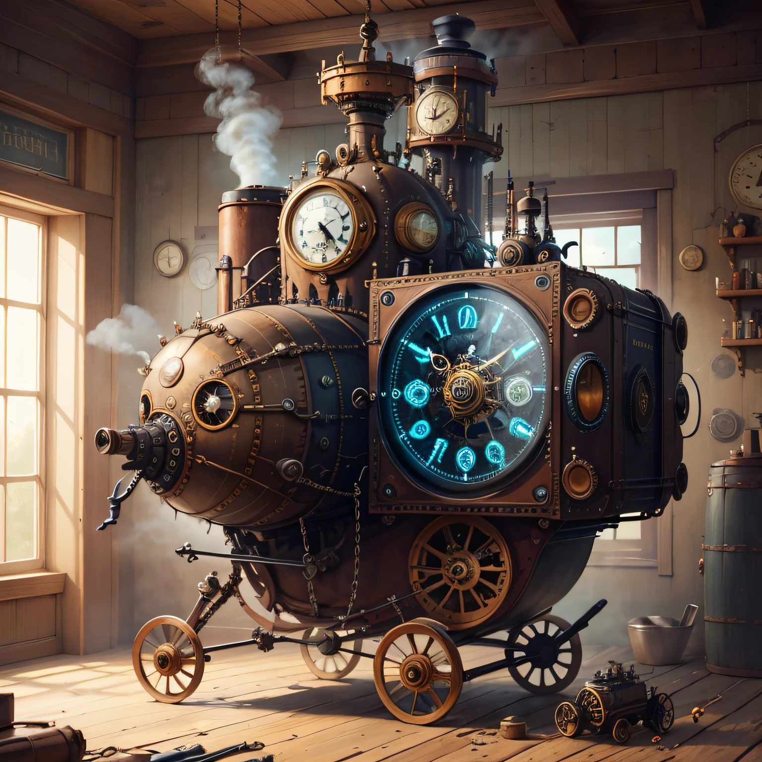 steampunkai, inventor working on a timemachine