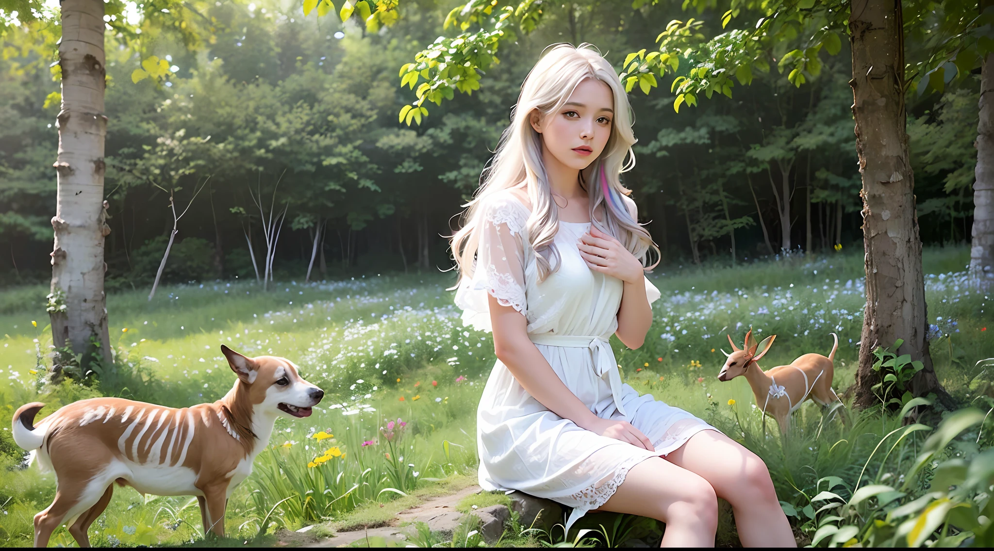 (obra maestra, mejor calidad), 1 girl with long white hair sitting in a field of green plants and flowers, ((mariposas multicolores)), con la mano debajo de la barbilla, warm lighting, vestido blanco, primer plano borroso, ((perro color canela detras de la escena))