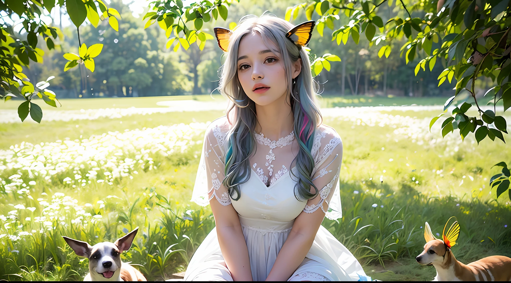 (obra maestra, mejor calidad), 1 girl with long white hair sitting in a field of green plants and flowers, ((mariposas multicolores)), con la mano debajo de la barbilla, warm lighting, vestido blanco, primer plano borroso, ((perro color canela detras de la escena))