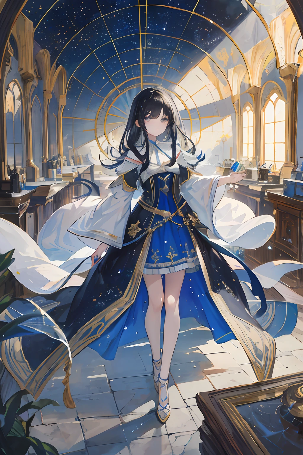 (Masterpiece: 1.2, highest quality), (Best lighting, very delicate and beautiful), (Best lighting, very delicate and beautiful), (Beautiful detailed face), (Detailed eyes and detailed face: 1.2), highest quality, ultra high resolution, ultra-luxury illustration, fantasy art, 1 girl standing in a semicircular glass dome and looking up at the starry sky, 15 years old, full body, wide lens, black hair, high angle shot, telescopegalaxies, with stars, (detailed painting: 0.174), (detailed painting), magnificent, cosmic, cute, natural face, natural face,