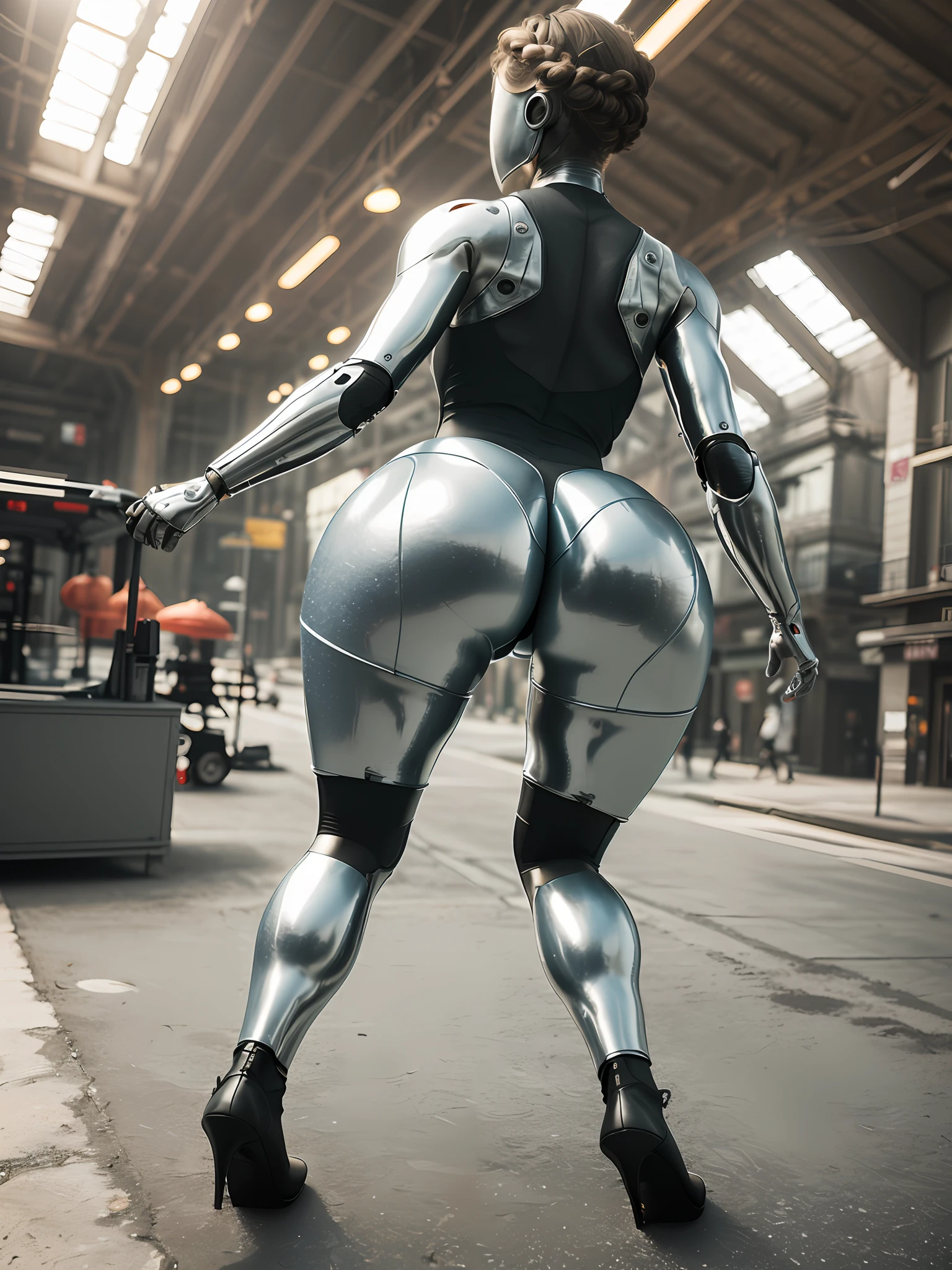 1girl, back view photo of android woman in a city , big tights, ((back view)), ((curvy)),(high heels), ((lagre breasts)), ((squatting)), ((focus on ass)), (( Metallic big ass)), ((Metallic naked body)), sun light, morning, masterpiece, (photorealistic:1.4), best quality, beautiful lighting , braided hairstyle, ray tracing, ( very detailed background, detailed complex busy background : 0.8 ) , , sharp focus, 8k uhd, dslr, high quality, film grain, photorealism, lomography , translucency , (HDR:1.2)