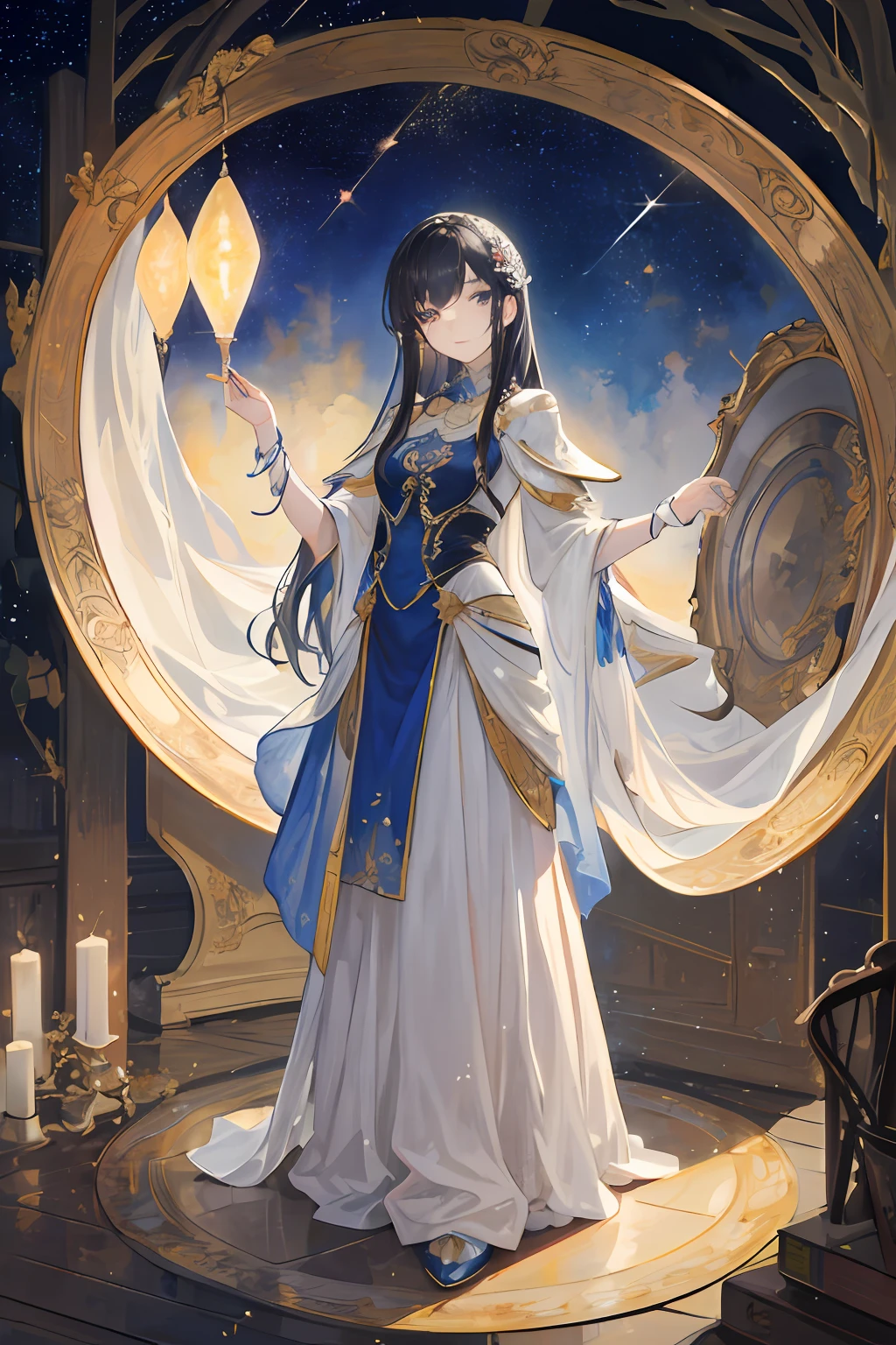 (Masterpiece: 1.2, highest quality), (Best lighting, very delicate and beautiful), (Best lighting, very delicate and beautiful), (Beautiful detailed face), (Detailed eyes and detailed face: 1.2), highest quality, ultra high resolution, ultra-luxury illustration, fantasy art, 1 girl standing in a semicircular glass dome and looking up at the starry sky, 15 years old, full body, wide lens, black hair, high angle shot, telescopegalaxies, with stars, (detailed painting: 0.174), (detailed painting), magnificent, cosmic, cute, natural face, natural face,