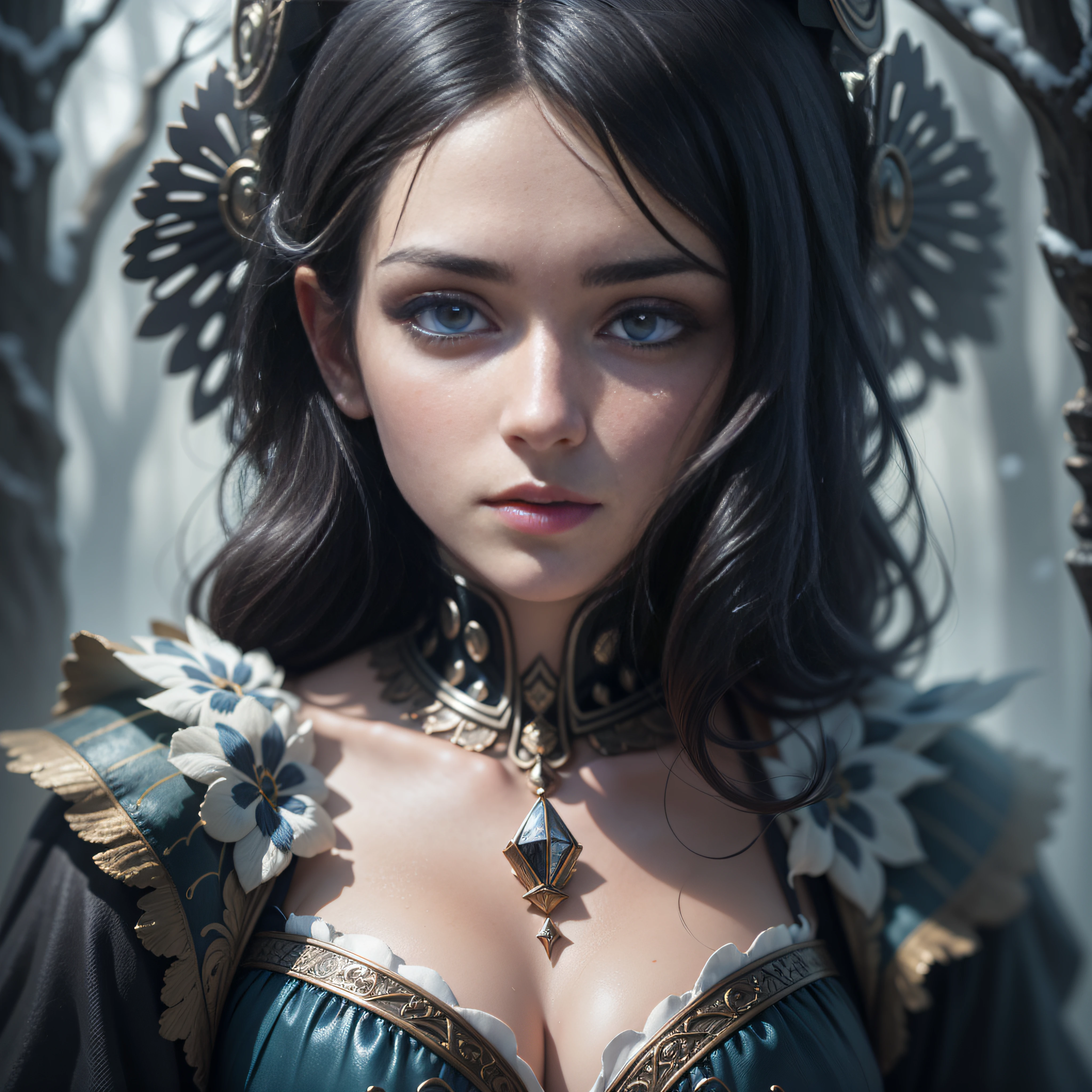 Queen of Spades, tarot card, digital art, fantasy, beautiful, dark, close up of a european woman, black hair, bright blue eyes, winter forest, natural skin texture, 24mm, 16k resolution, soft cinematic light, RAW photo, photo realism, photo realistic, intricate, elegant, highly detailed, sharp focus, ((((cinematic look)))), soothing tones, insane details, intricate details, hyper detailed, low contrast, soft cinematic light, dim colors, exposure blend, hdr, faded