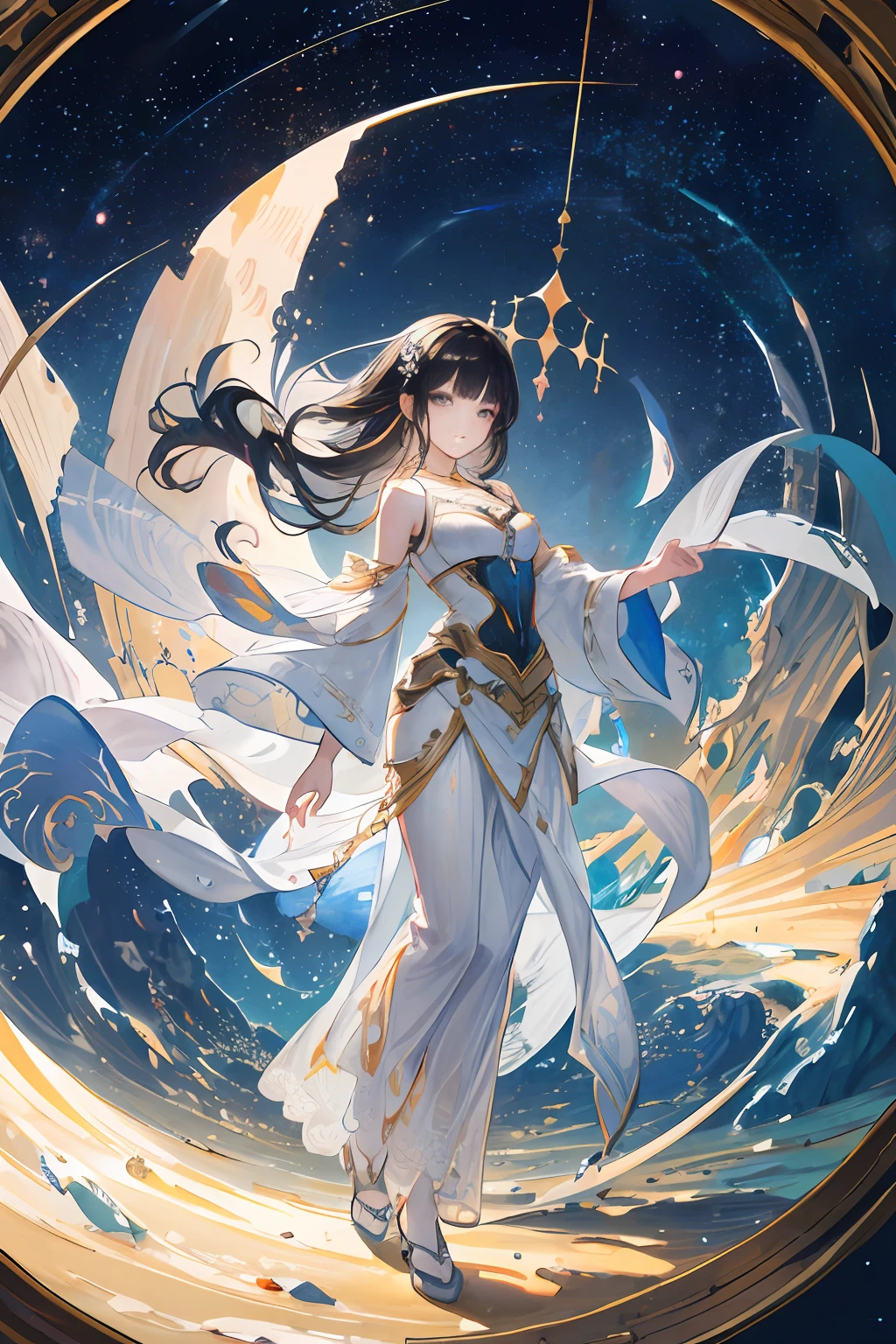 (Masterpiece: 1.2, highest quality), (Best lighting, very delicate and beautiful), (Best lighting, very delicate and beautiful), (Beautiful detailed face), (Detailed eyes and detailed face: 1.2), highest quality, ultra-high resolution, ultra-luxury illustration, fantasy art, 15 years old, full body, wide lens, black hair, High angle shot, standing in a semicircular glass dome, bird's eye view, magnificent, space, cute, natural face, galaxies with stars with light in the air (detailed painting: 0.174),