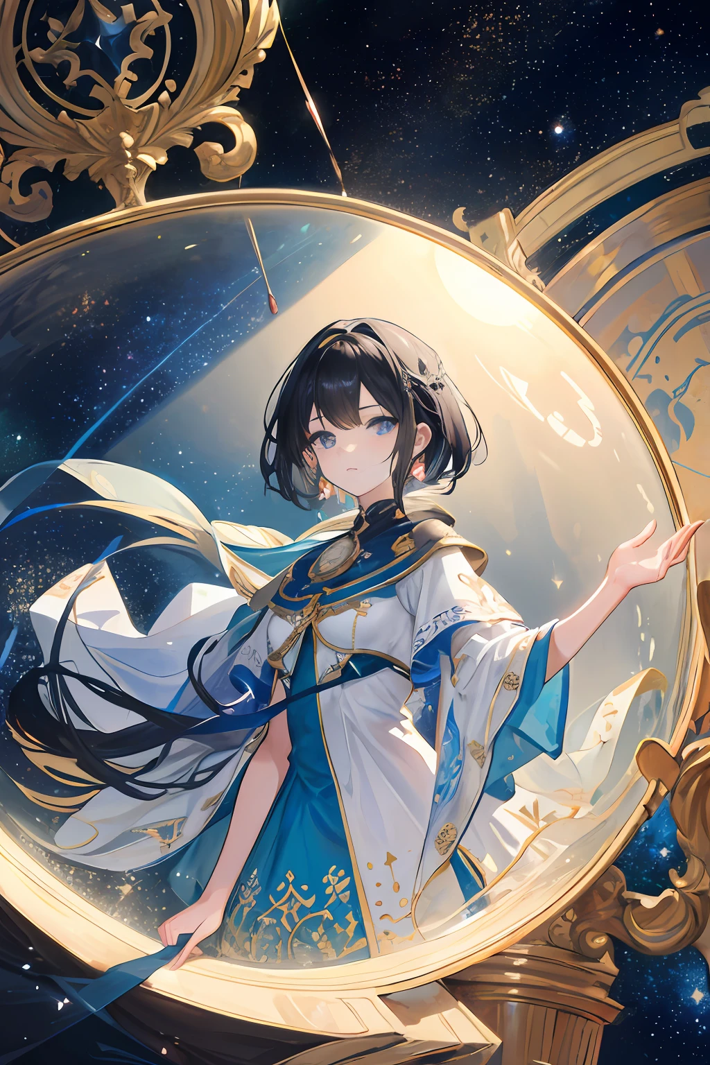 (Masterpiece: 1.2, highest quality), (Best lighting, very delicate and beautiful), (Best lighting, very delicate and beautiful), (Beautiful detailed face), (Detailed eyes and detailed face: 1.2), highest quality, ultra-high resolution, ultra-luxury illustration, fantasy art, 15 years old, full body, wide lens, black hair, High angle shot, standing in a semicircular glass dome, bird's eye view, magnificent, space, cute, natural face, galaxies with stars with light in the air (detailed painting: 0.174),