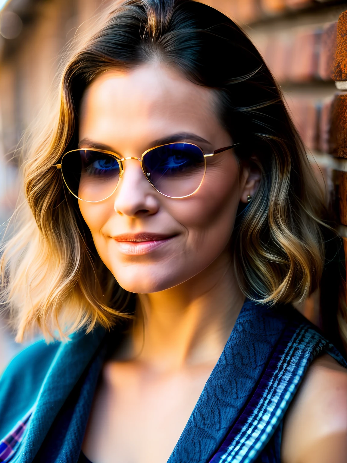 Fashion photograph of a sexy young woman with blue eyes. Vistiendo (golden cloths) con (Modelo intrincado) y parcialmente transparentes, Al aire libre, warm light, relajado, Labios dorados, Gafas de sol doradas, cabello dorado. Pendientes. Pelo rubio. Age 35 years.
