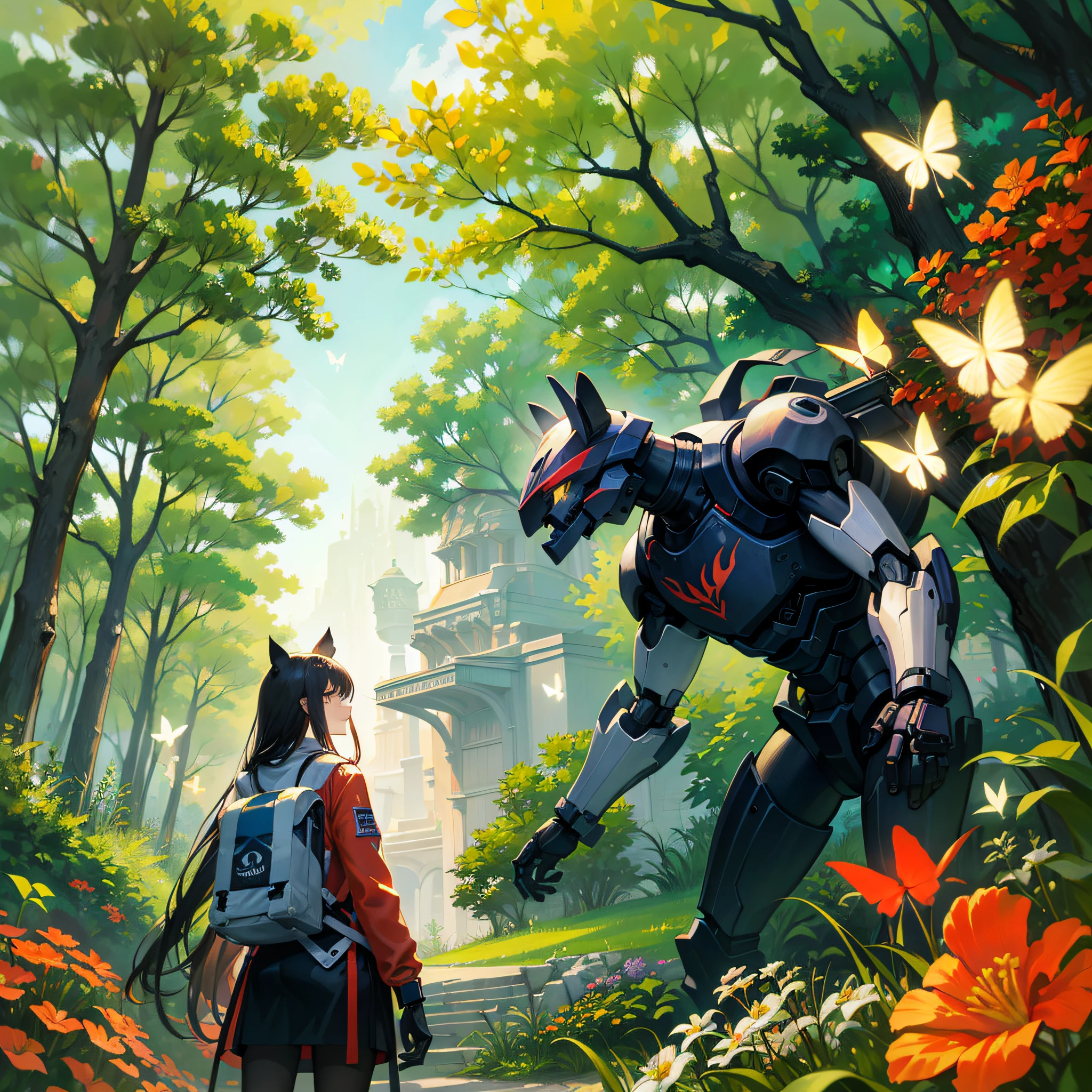 Mechanical cat cat mech,butterflies,blossoms, Creatures,Flying squirrel,massive trees,estilo dos desenhos animados,Flowers and plants,large mountain,My Mecha and I ,