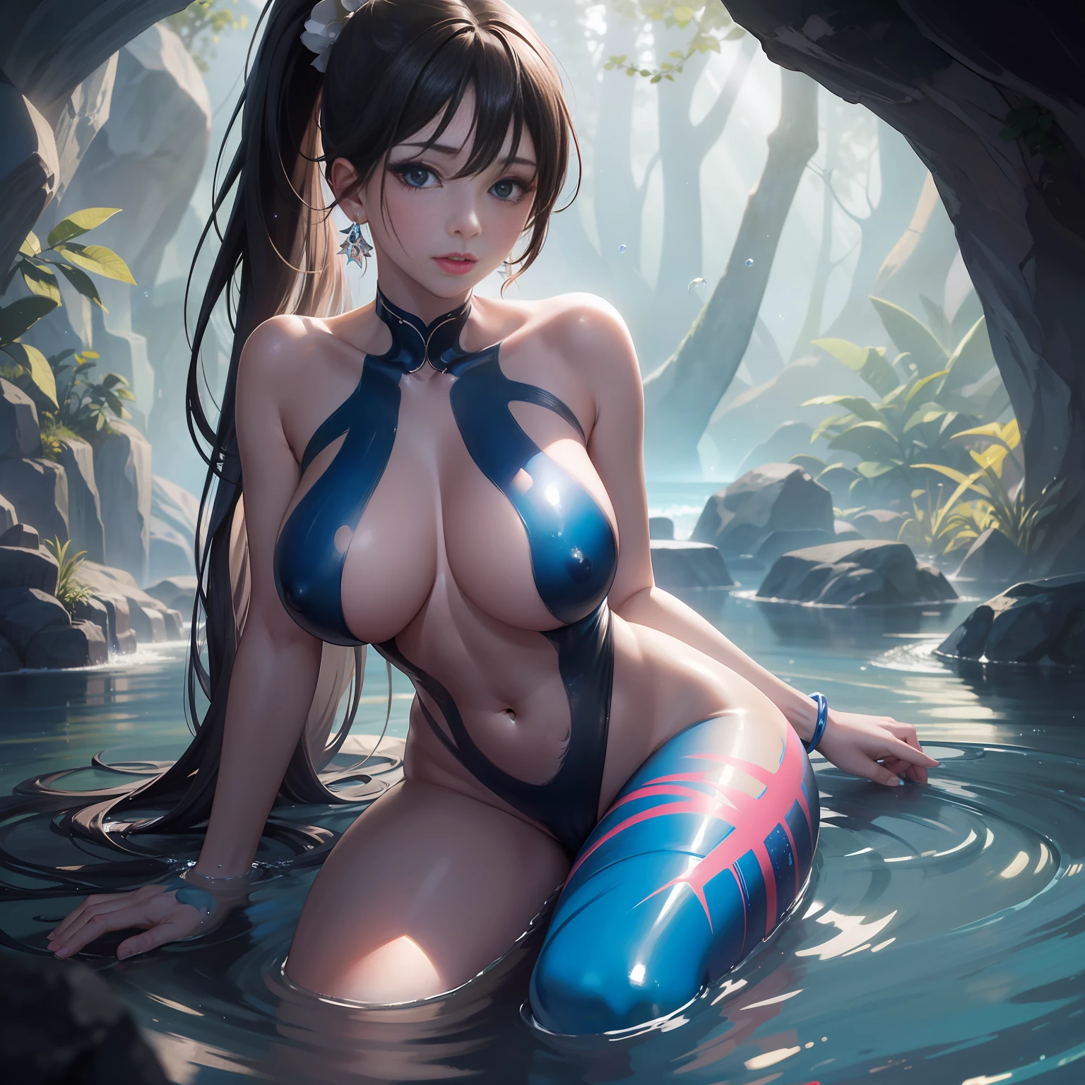 Girl naked and blue body paint、a ponytail、Full body like、Detailed face、Pose shooting、Very large breasts、 and areola、Dark pubic hair、master masterpiece、Dark cave、On the water、Sparkling water、A ray of light、High Contrast、best-quality、Best image quality、Mystical scene