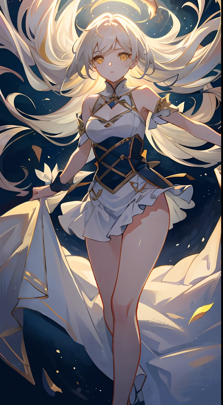 an extremely delicate and beautiful CG illustration, best quality, high resolution, dynamic angle, full-length shot, (1girl), yellow eyes and straight long white hair, floating, soft light, high-key lighting)