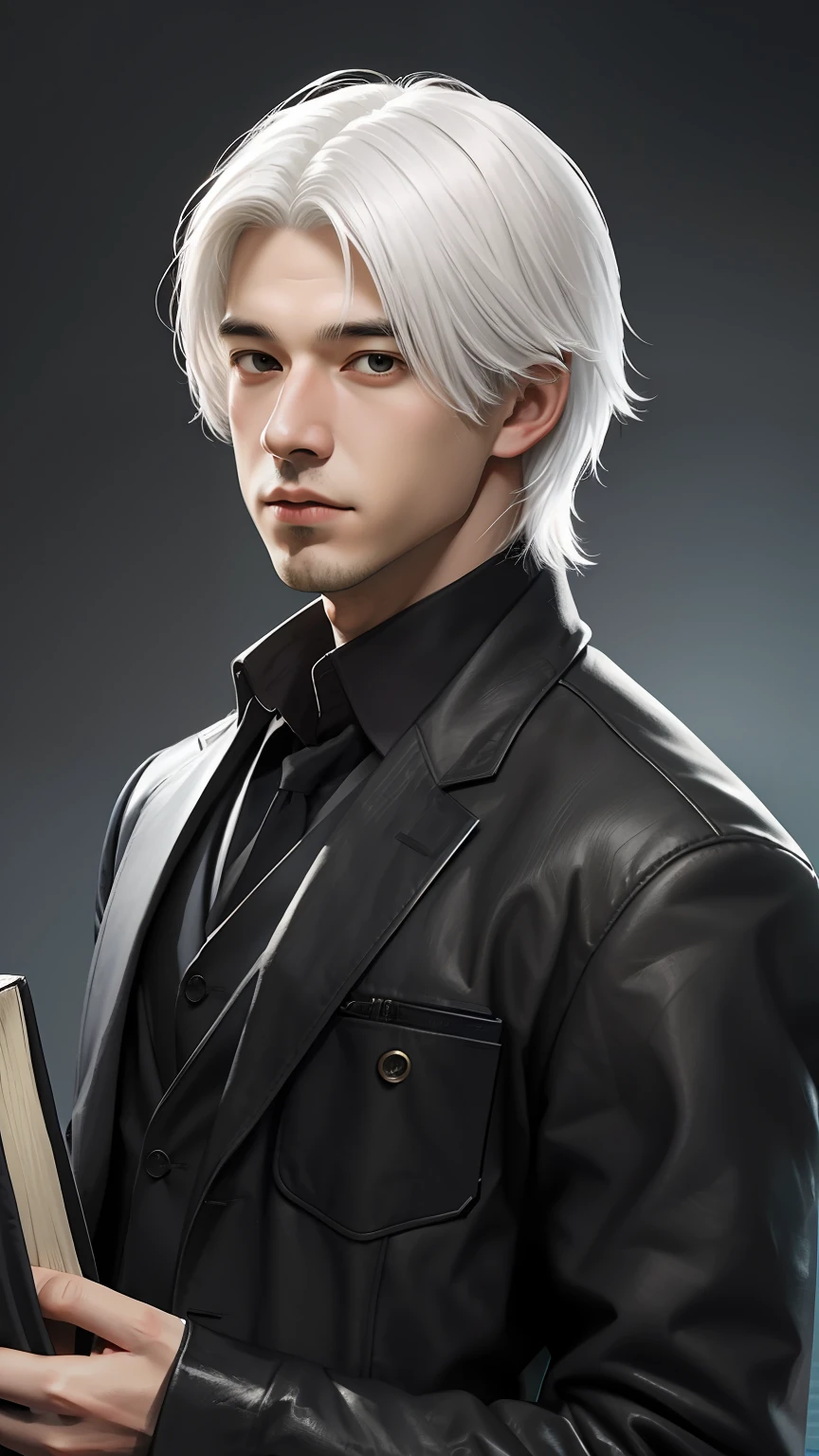a portrait of a young man with white hair holding a book, cover art, artwork by Alastair Reynolds
