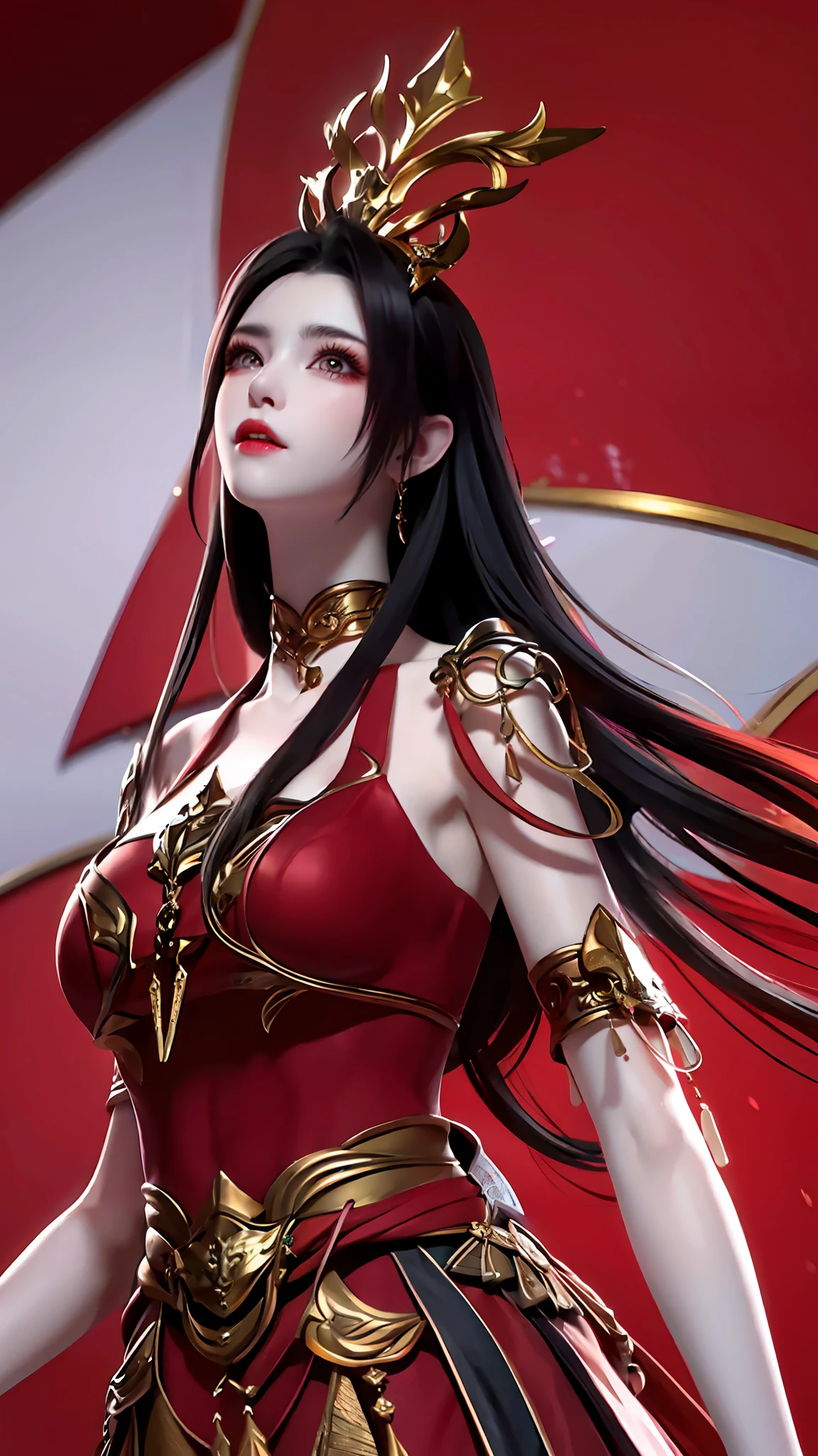 Excellent, masterpiece, black hair, red dress, looking up, upper body, hair, fair skin, emanation, red theme, skirt
