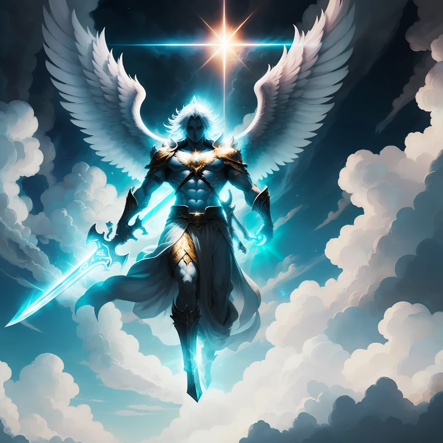 The angel Ark Angel emerges from the clouds high in the sky. His powerful form, the shining sword in his hand, and the light behind him come together to create a divine scene. --auto