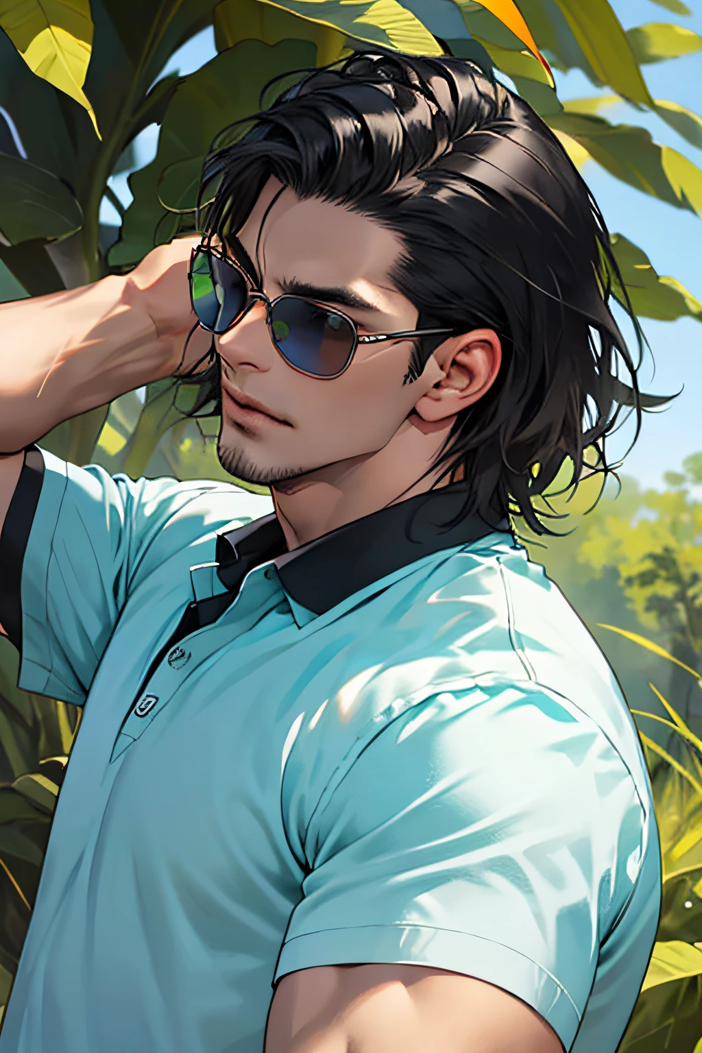 Lifelike,(The Masterpiece,Top quality,best qulity,officlal art),greatly detailed,Colorful,Most detailed,God,shorter hair,black color hair,Handsome man,gargantilha,short sleeve,outskirts,sun glasses