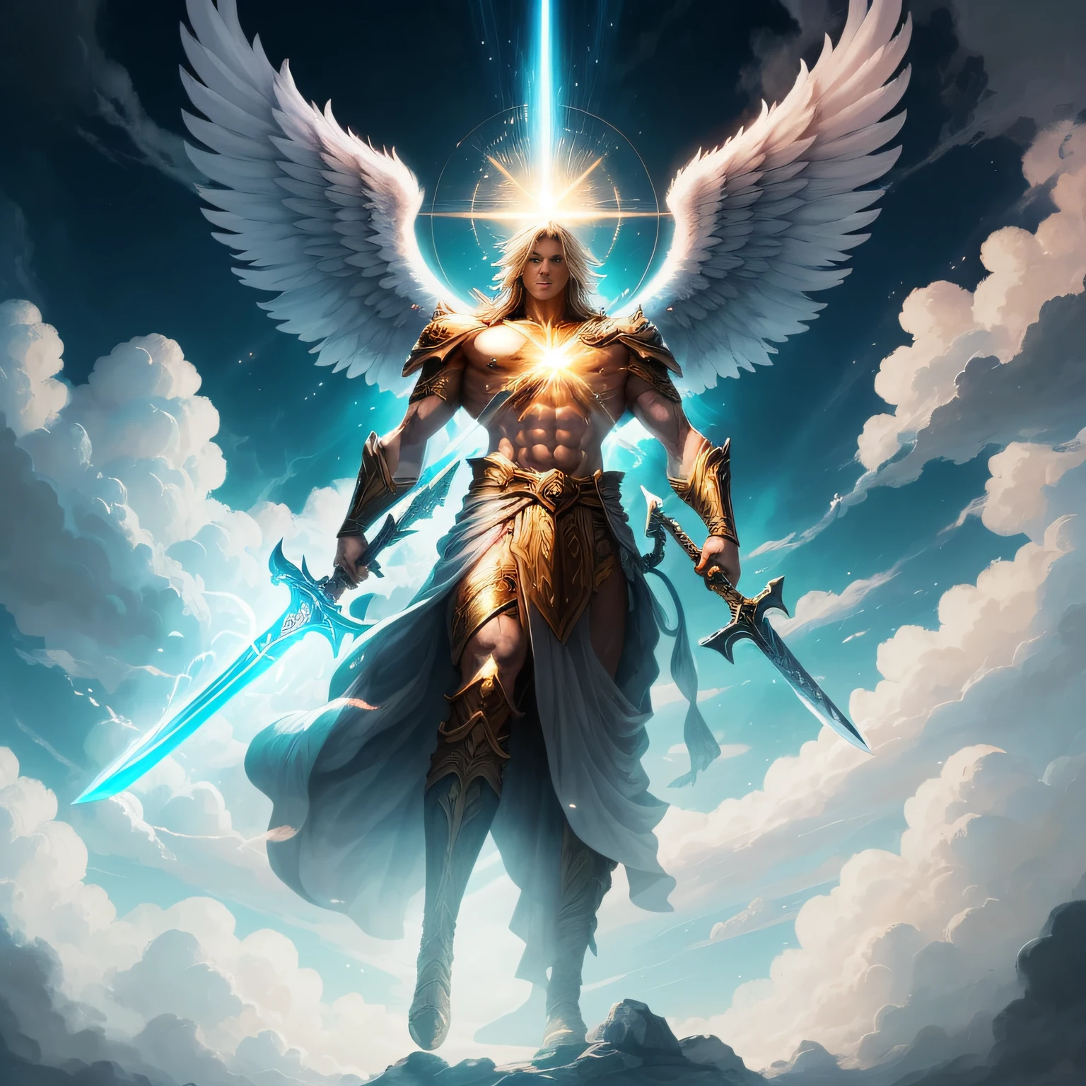The angel Ark Angel emerges from the clouds high in the sky. His powerful form, the shining sword in his hand, and the light behind him come together to create a divine scene. --auto