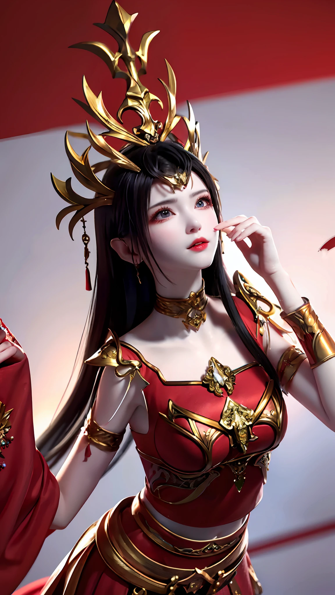 Excellent, masterpiece, black hair, red dress, looking up, upper body, hair, fair skin, emanation, red theme, skirt