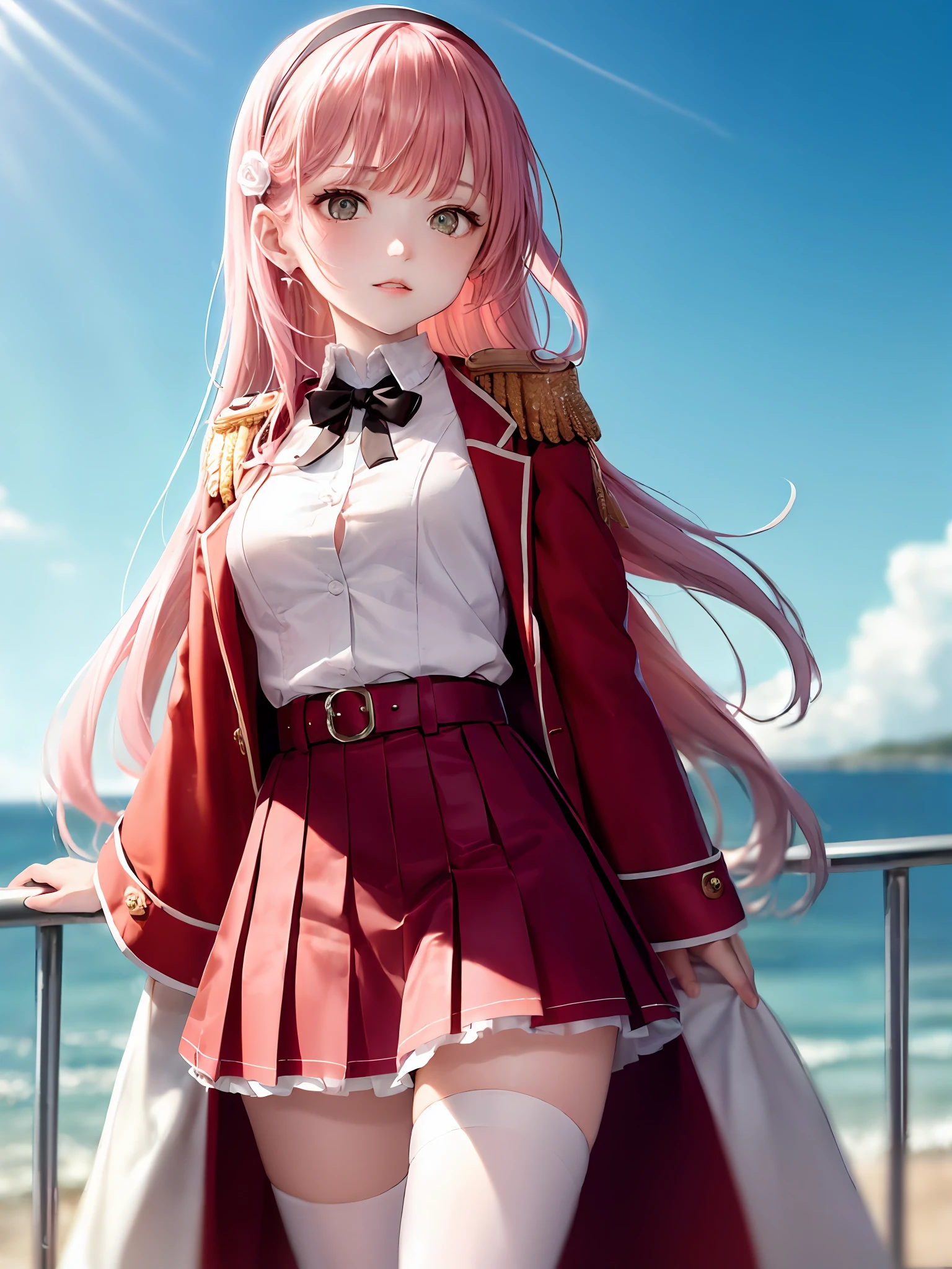 1girls, Single person，(masterpiece:1.1), (Best quality:1.1), (White blouse:1.1), High-waisted skirt, Break [blue:Pink:0.5] theme, (gradient backgrounds :1.1), Cowboy shot, Cinematic light，The Perfect Hand， Break through pink hair, single horse tail, white hairband，White military uniform top, Pink epaulettes，Pink pleated skirt，White mid-tube boots，Pink stockings，Amber eyes， Mottled sunlight，seaside backgroud