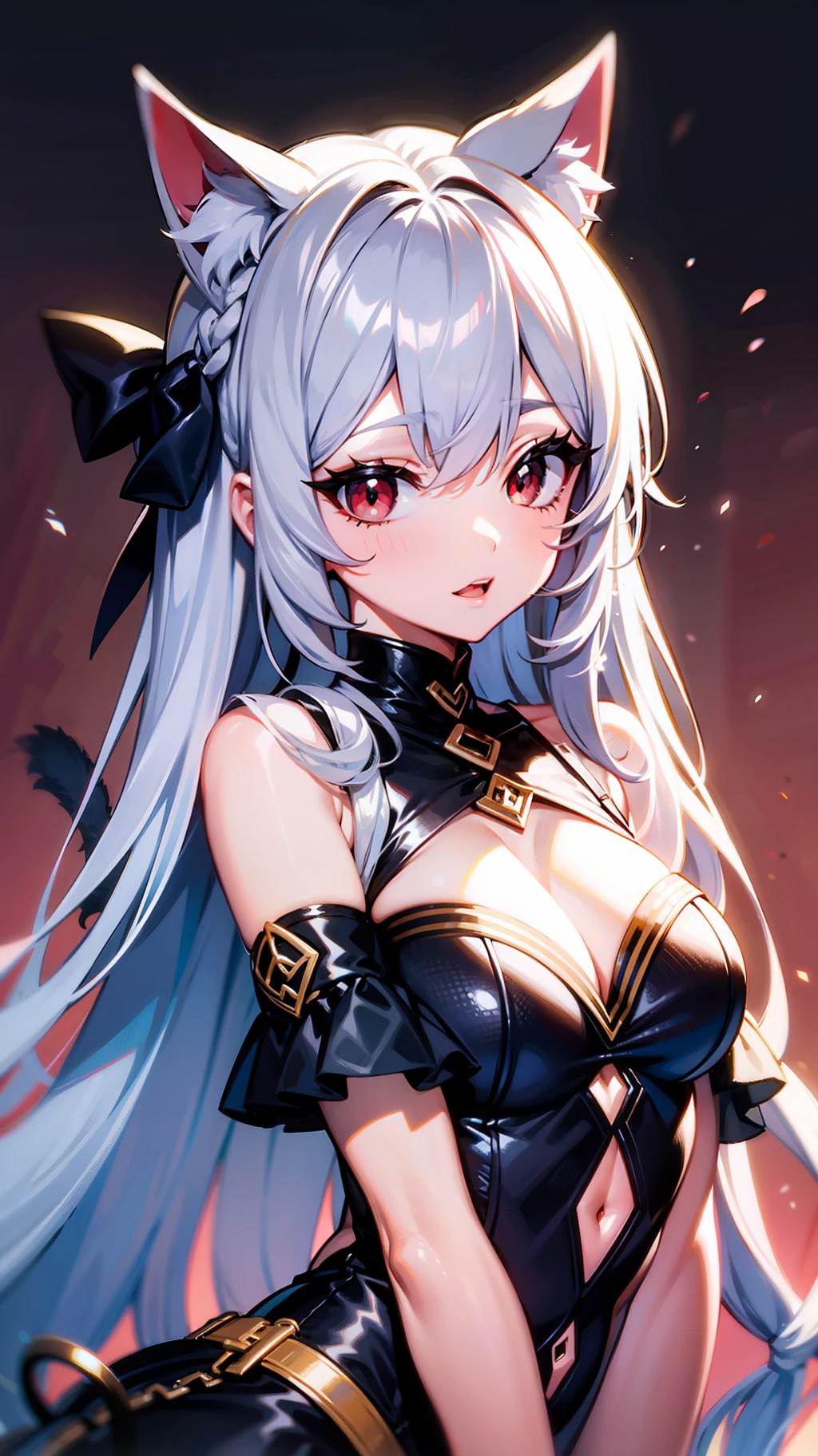 best qulity:1.4, Cat girl, iwhite colored hair, long way hair, Cat ears, Red eyes, cat tails,Delicate and detailed skin