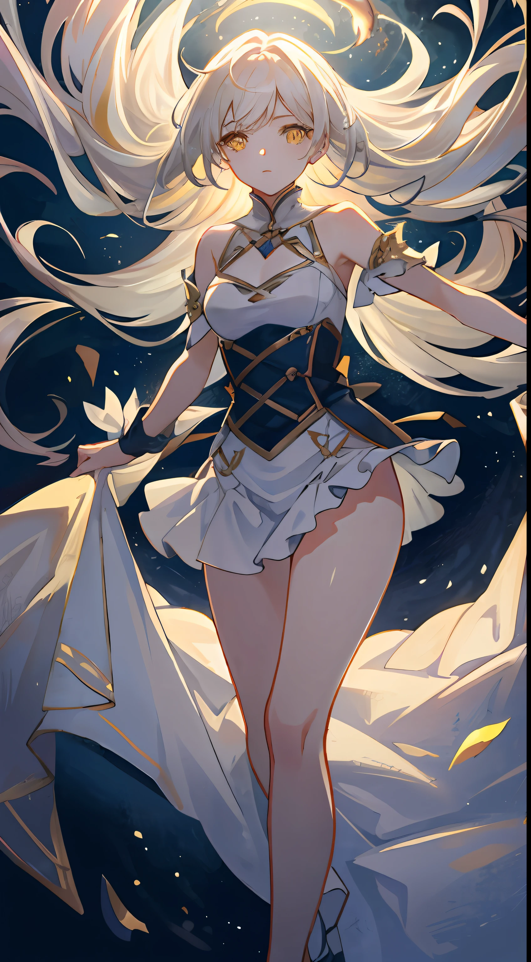 an extremely delicate and beautiful CG illustration, best quality, high resolution, dynamic angle, full-length shot, (1girl), yellow eyes and straight long white hair, floating, soft light, high-key lighting)