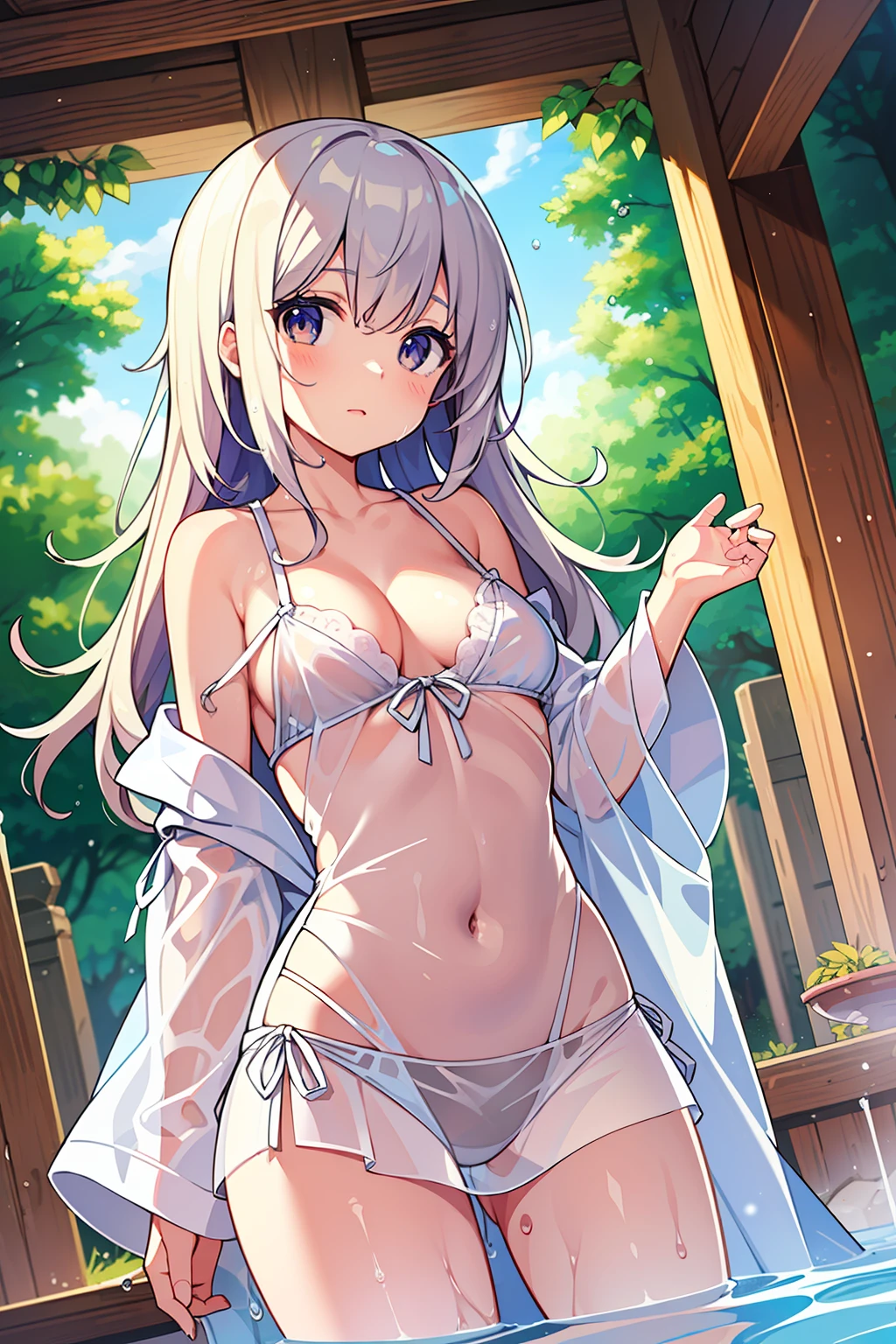 (Obra Prima), (Max Quality), (Ultra Detail), (Best Anatomy), Official Art, One Girl, Light-Colored Hair , Petite Girl, Saint, See-Through Robe, Small Breasts, Cleavage, Off Shoulder, Underboob, Side Boob, Thigh Focus, Navel Bared, Low Angle, Wet and See-through, Deep Forest Fountain