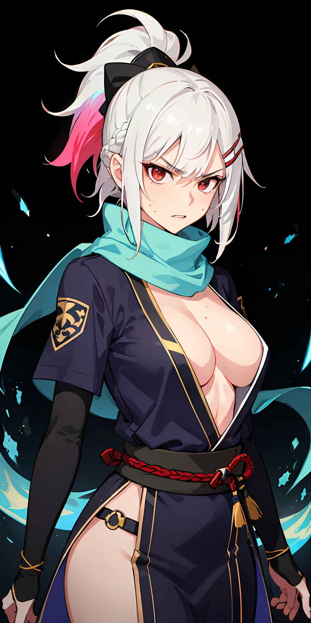 upper body, 1girl, white hair, ponytail, red eyes, (ninja), short sword, big breats ,scarf, wallpaper, magic circle background, light particles, blue fire, hair clip, hair ornament, (((sexy))), (((expretional))), (((greedy face))), (((colorfull))), (((milf))), katana, (angry0.2)