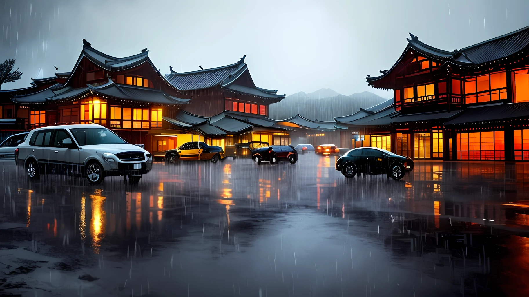 arafed view of a village with a lot of lights on the buildings, dreamy chinese town, chinese village, amazing wallpaper, japanese town, japanese village, hyper realistic photo of a town, old asian village, japanese city, by Raymond Han, rainy evening, cyberpunk chinese ancient castle, beautifully lit buildings, at evening during rain, beautiful and aesthetic, photography, cinematic, 8k, high detailed ((Heavy rain)))