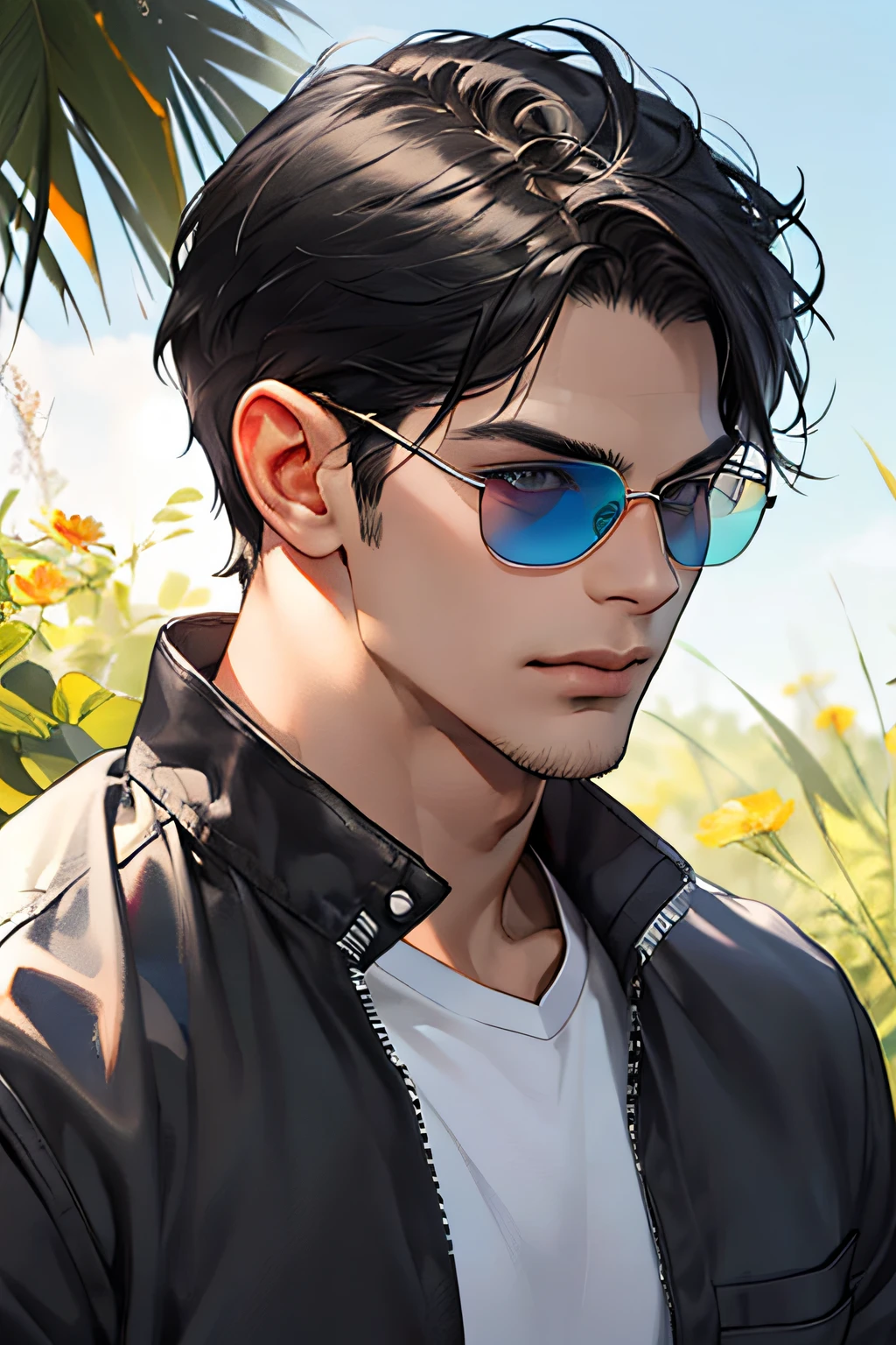 Lifelike，（The Masterpiece，Top quality，best qulity，officlal art），greatly detailed，Colorful，Most detailed，God，shorter hair，black color hair，Handsome man，gargantilha，short sleeve，outskirts，sun glasses